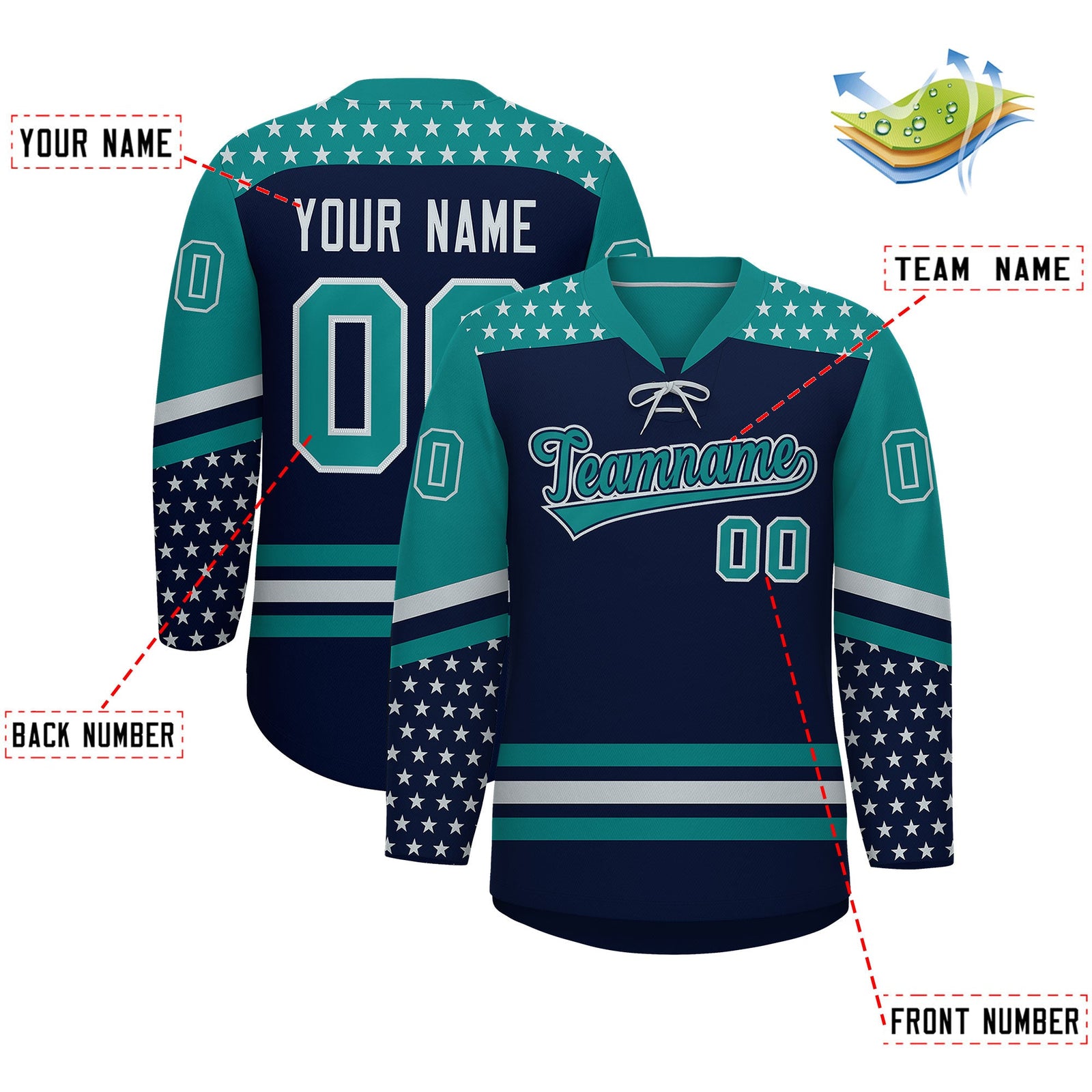 Custom Navy Teal Silver Star Series Personalization Lace-Up Neck Hockey Jersey| KXKSHOP