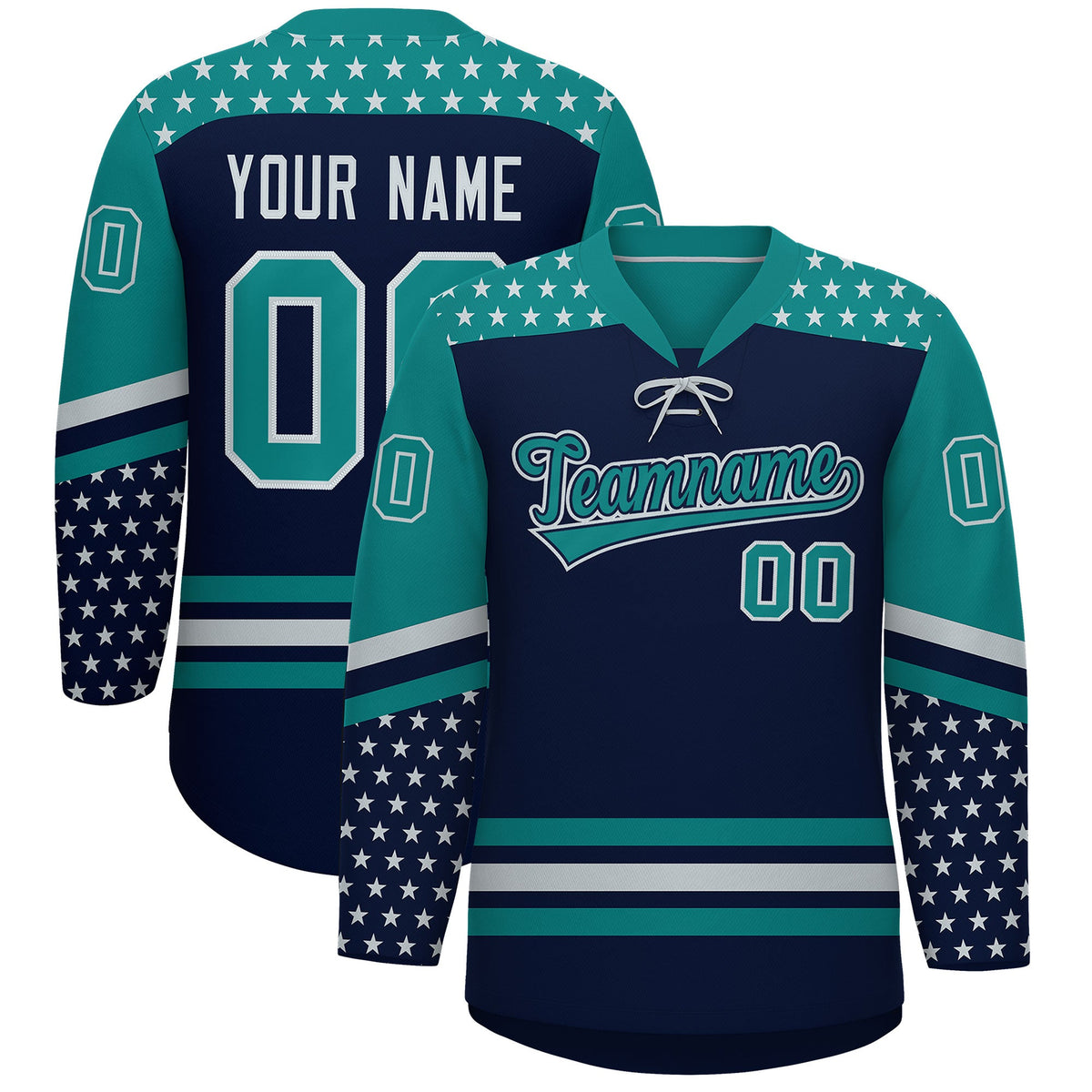 Custom Navy Teal Silver Star Series Personalization Lace-Up Neck Hockey Jersey| KXKSHOP