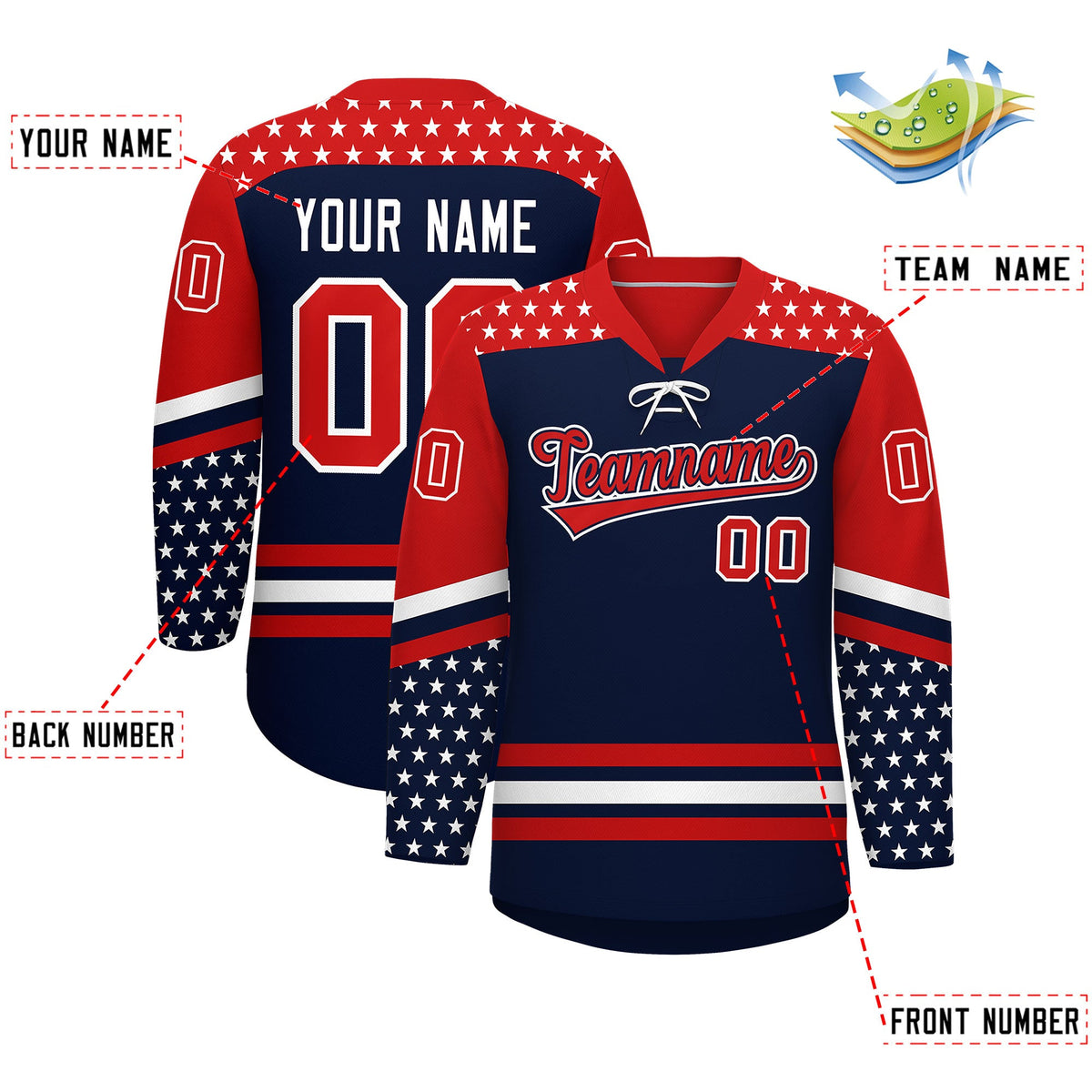 Custom Navy Red White Star Series Personalization Lace-Up Neck Hockey Jersey| KXKSHOP