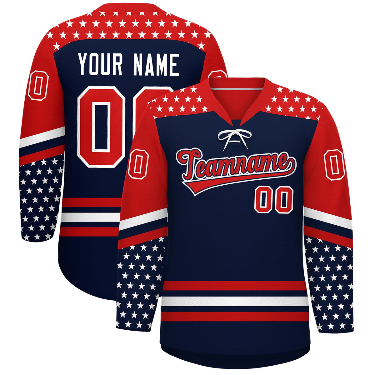 Custom Navy Red White Star Series Personalization Lace-Up Neck Hockey Jersey| KXKSHOP