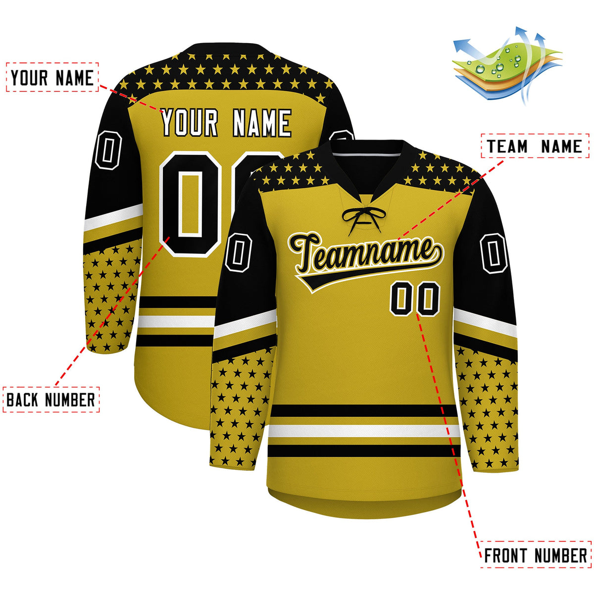 Custom Old Gold Black White Star Series Personalization Lace-Up Neck Hockey Jersey| KXKSHOP