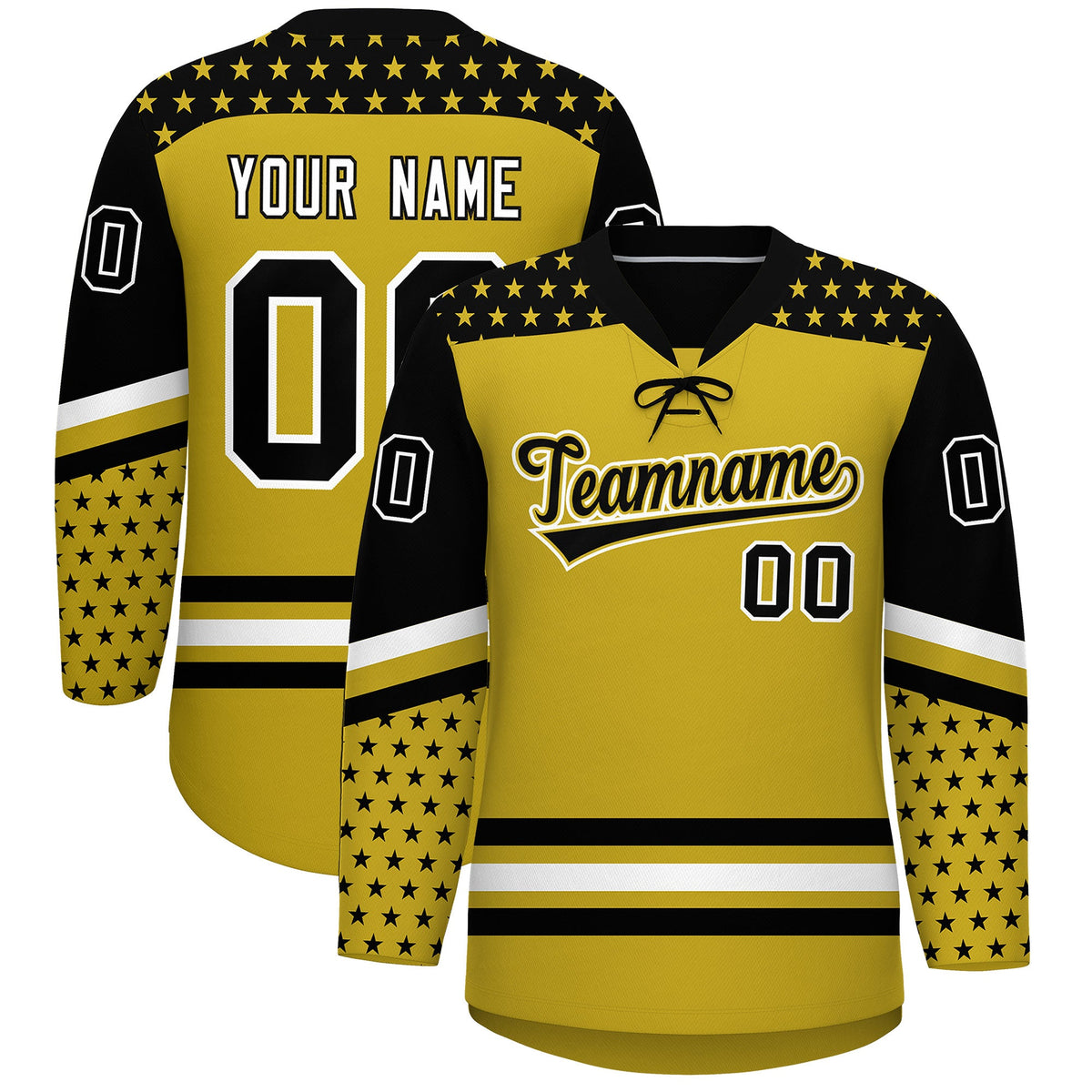 Custom Old Gold Black White Star Series Personalization Lace-Up Neck Hockey Jersey| KXKSHOP