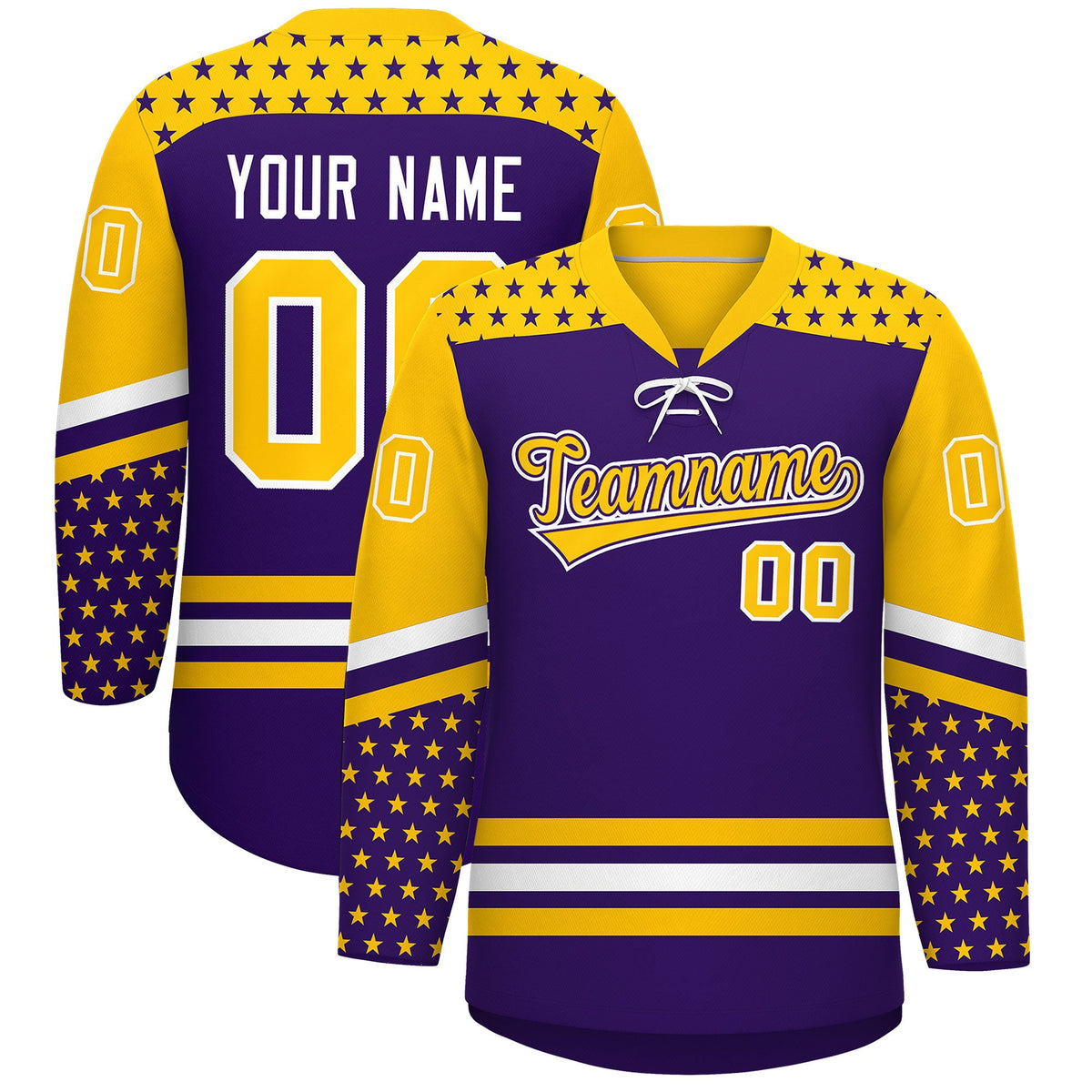 Custom Purple Gold White Star Series Personalization Lace-Up Neck Hockey Jersey| KXKSHOP