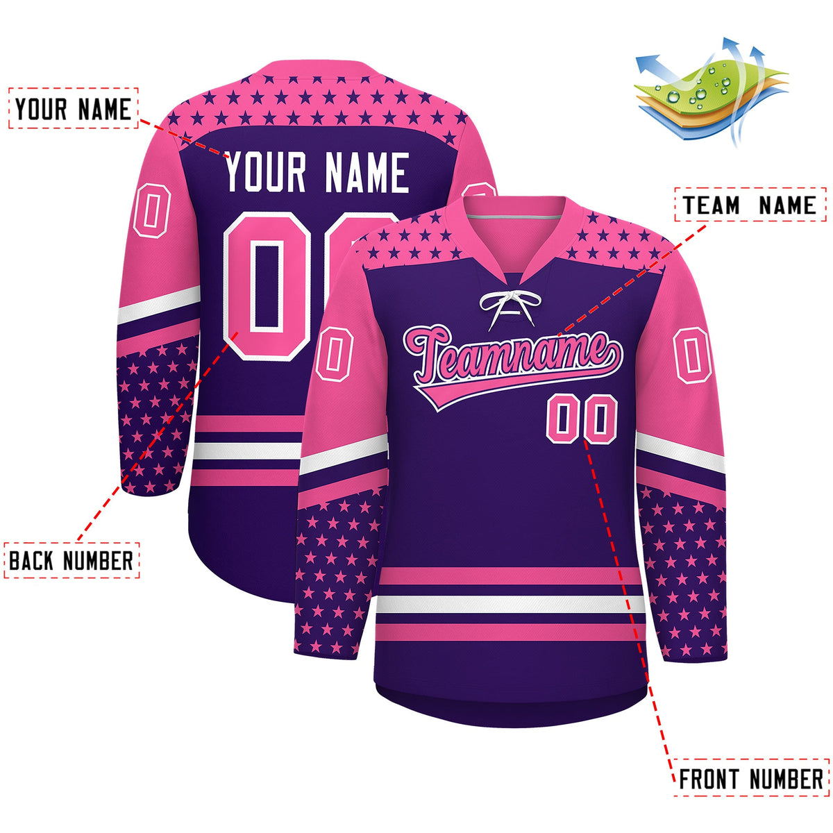 Custom Purple Pink White Star Series Personalization Lace-Up Neck Hockey Jersey| KXKSHOP