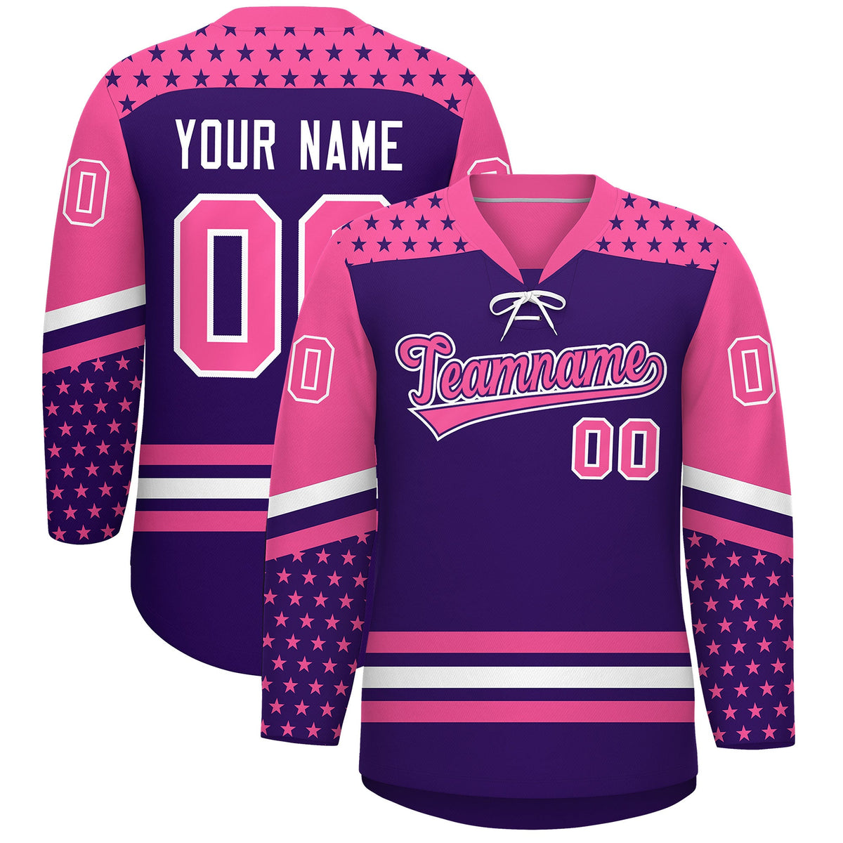 Custom Purple Pink White Star Series Personalization Lace-Up Neck Hockey Jersey| KXKSHOP