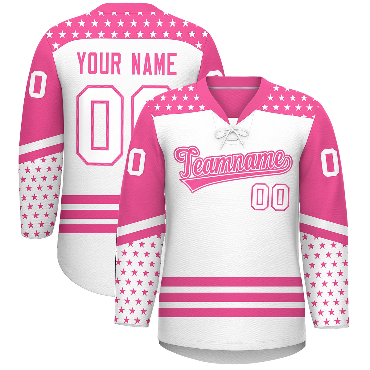 Custom White Pink Star Series Personalization Lace-Up Neck Hockey Jersey| KXKSHOP