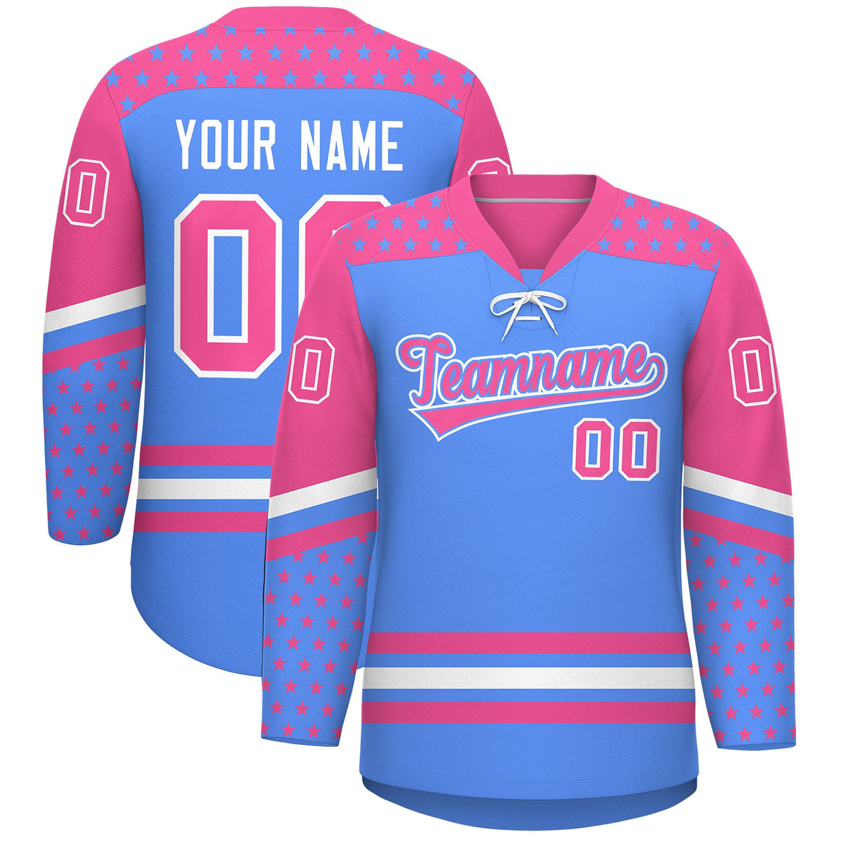 Custom Powder Blue Pink White Star Series Personalization Lace-Up Neck Hockey Jersey| KXKSHOP
