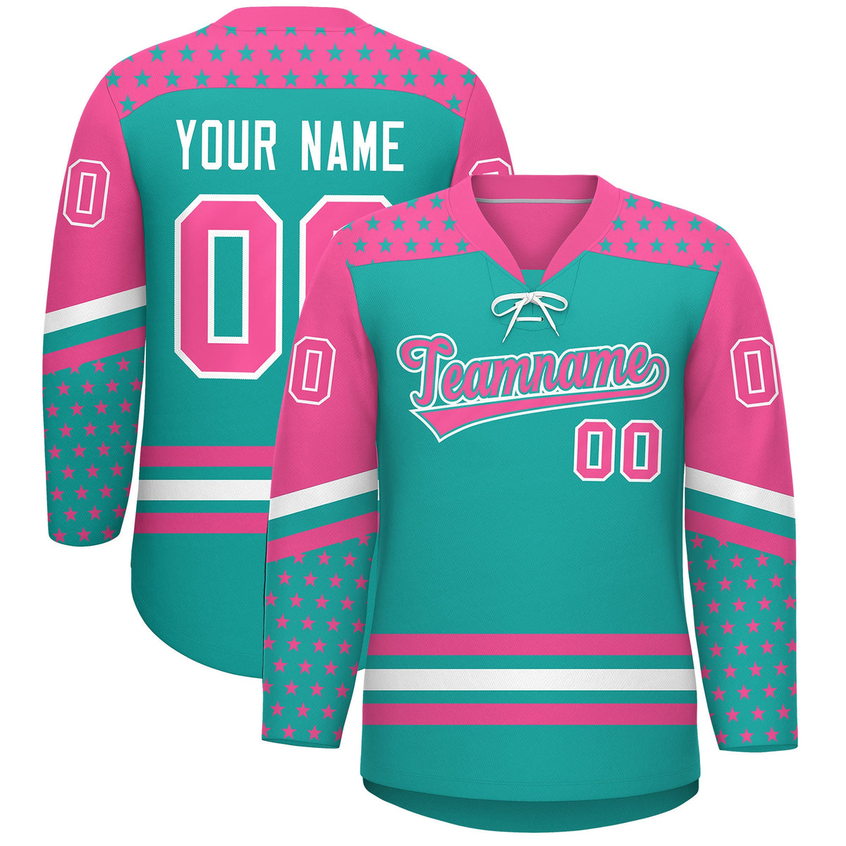 Custom Aqua Pink White Star Series Personalization Lace-Up Neck Hockey Jersey| KXKSHOP