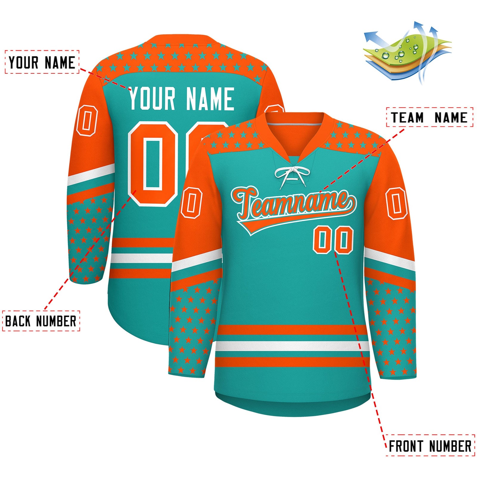 Custom Aqua Orange White Star Series Personalization Lace-Up Neck Hockey Jersey| KXKSHOP
