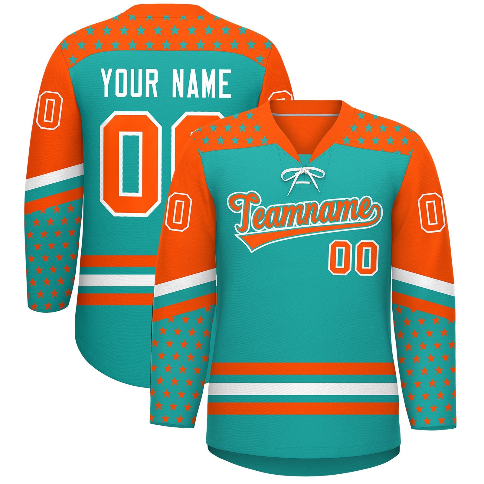 Custom Aqua Orange White Star Series Personalization Lace-Up Neck Hockey Jersey| KXKSHOP