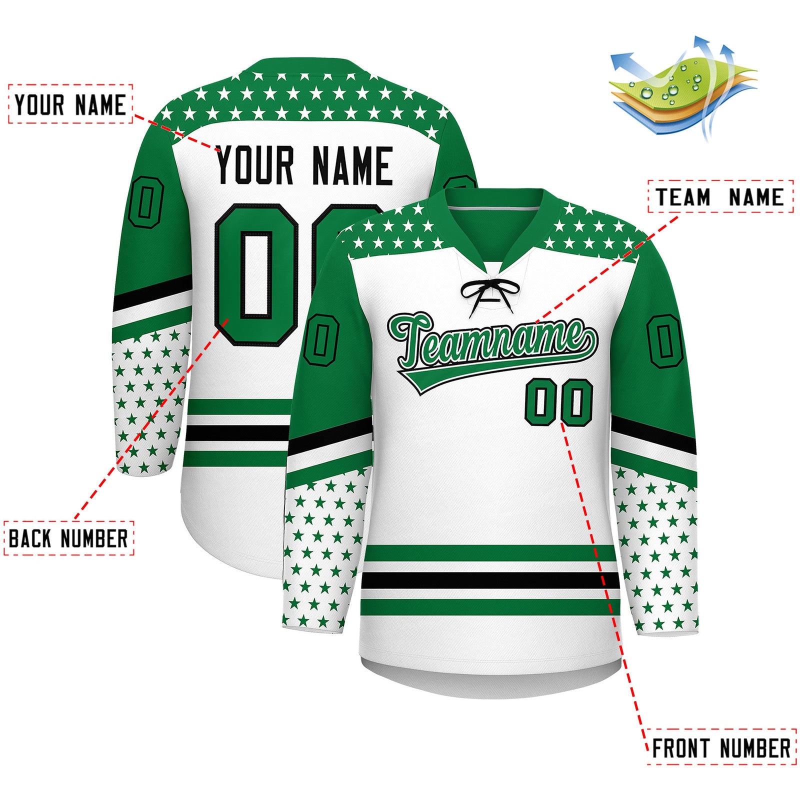 Custom White Kelly Green Black Star Series Personalization Lace-Up Neck Hockey Jersey| KXKSHOP