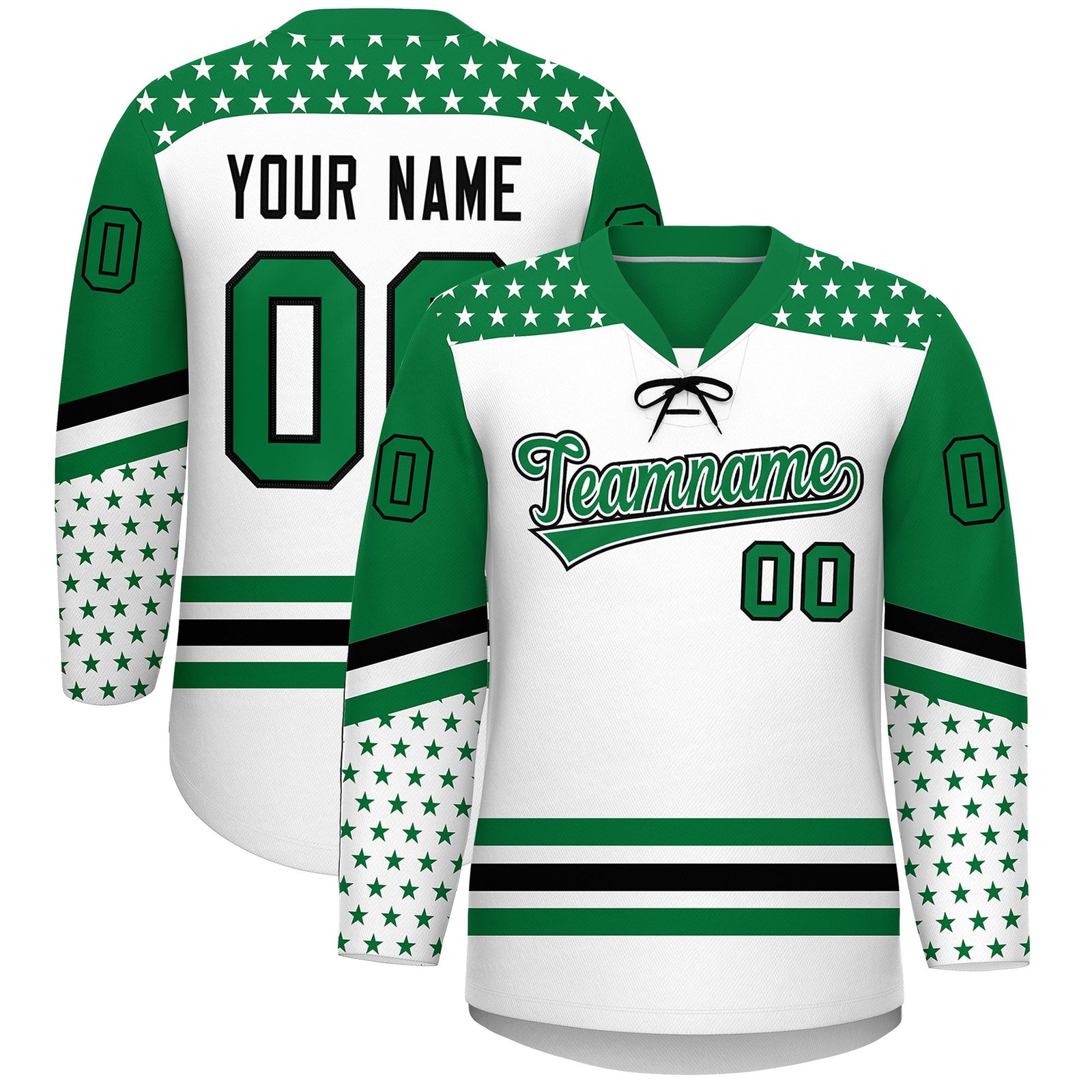 Custom White Kelly Green Black Star Series Personalization Lace-Up Neck Hockey Jersey| KXKSHOP