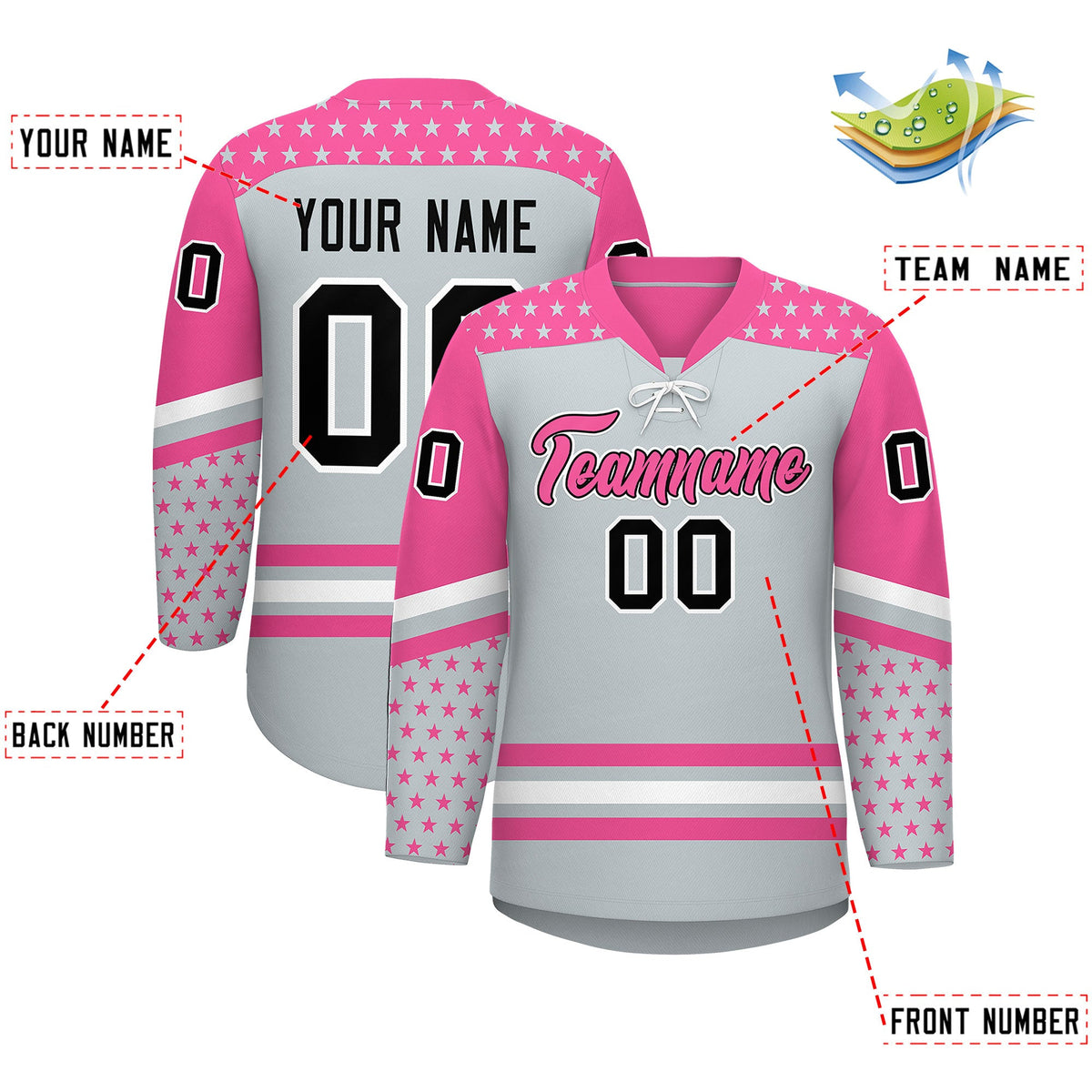 Custom Silver Pink White Star Series Personalization Lace-Up Neck Hockey Jersey| KXKSHOP