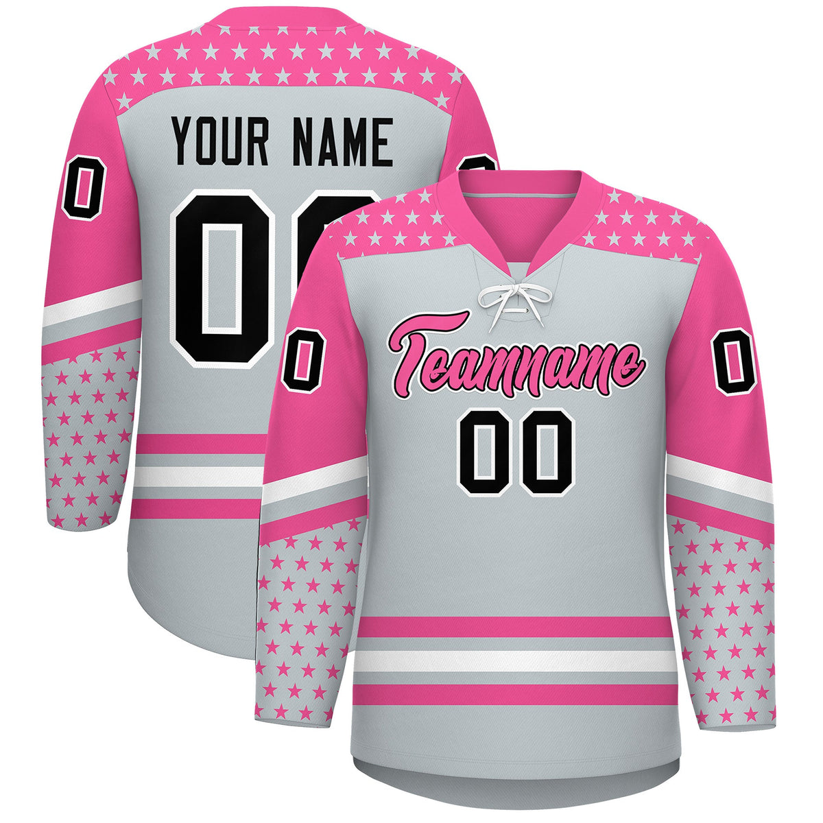 Custom Silver Pink White Star Series Personalization Lace-Up Neck Hockey Jersey| KXKSHOP