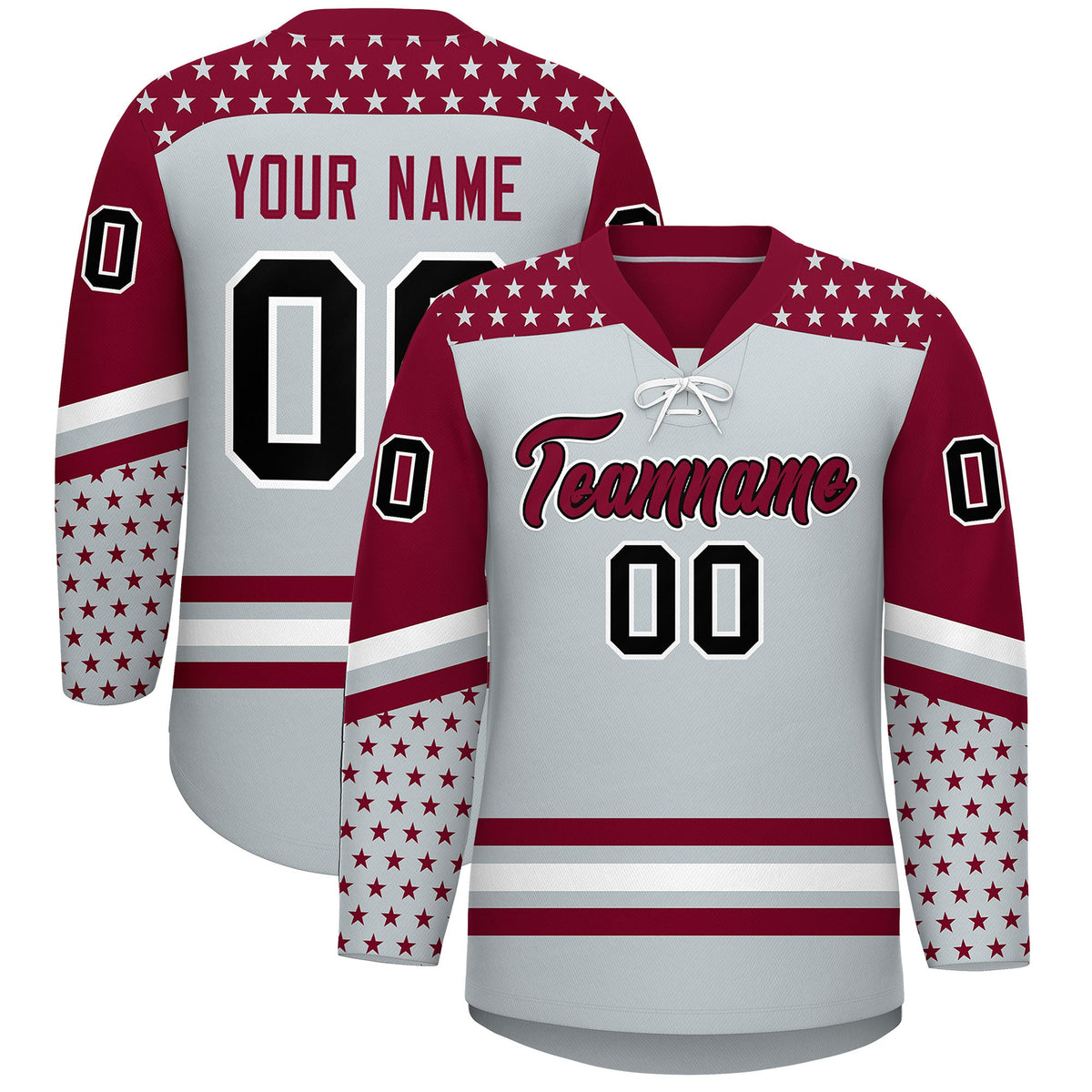 Custom Silver Crimson White Star Series Personalization Lace-Up Neck Hockey Jersey| KXKSHOP