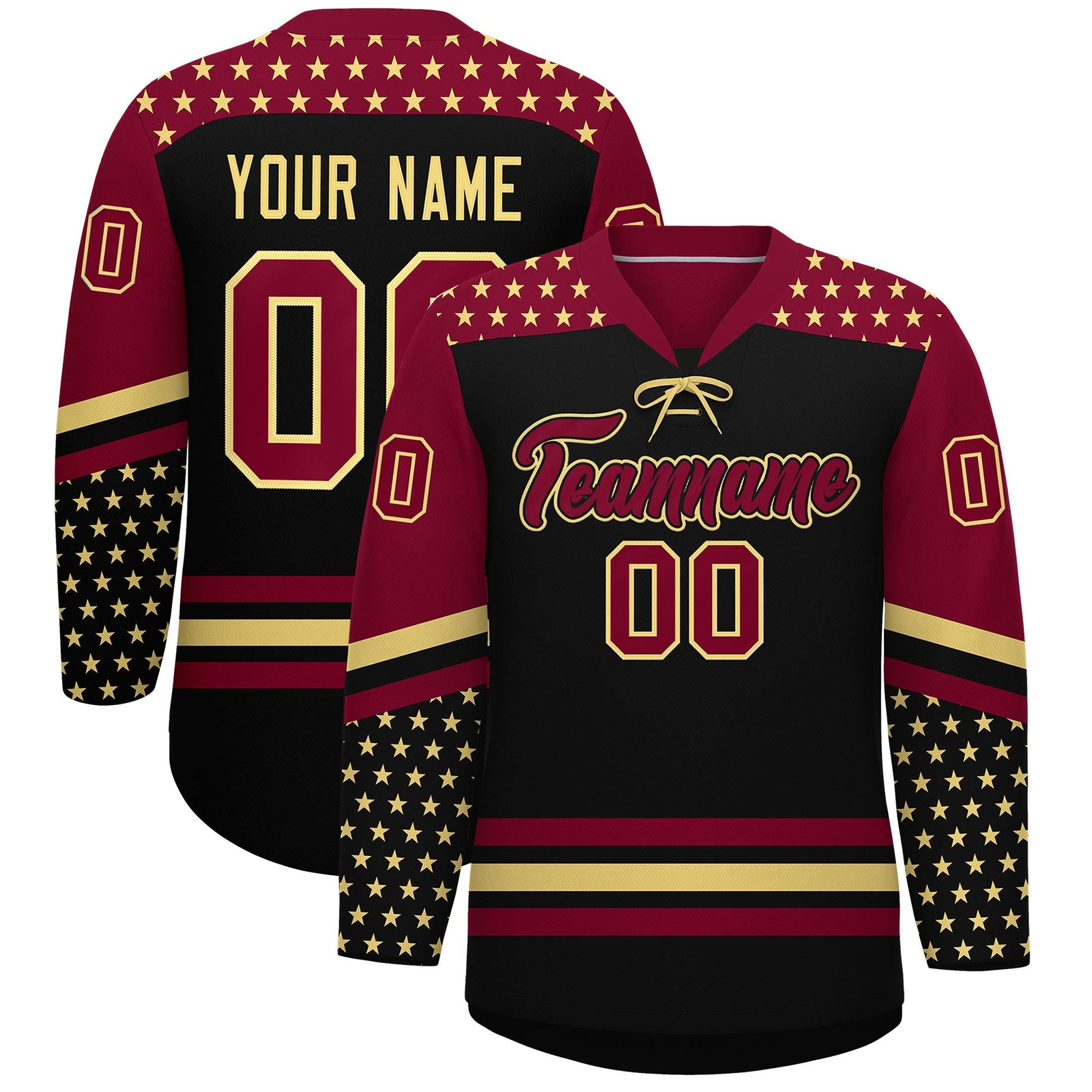 Custom Black Crimson Khaki Star Series Personalization Lace-Up Neck Hockey Jersey| KXKSHOP