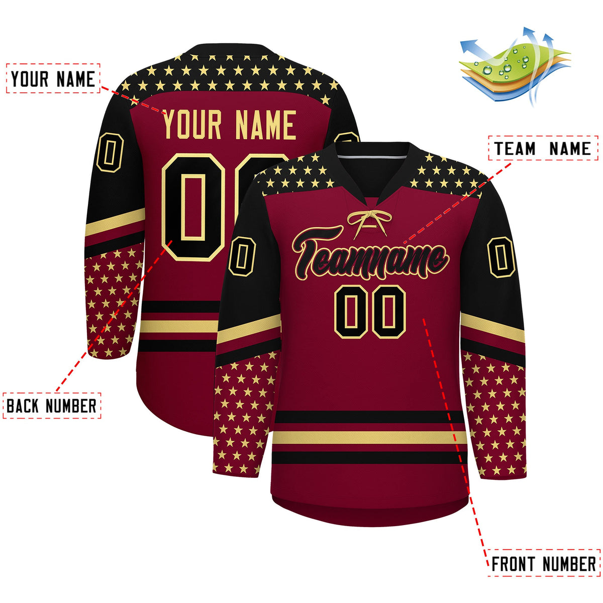 Custom Crimson Black Khaki Star Series Personalization Lace-Up Neck Hockey Jersey| KXKSHOP