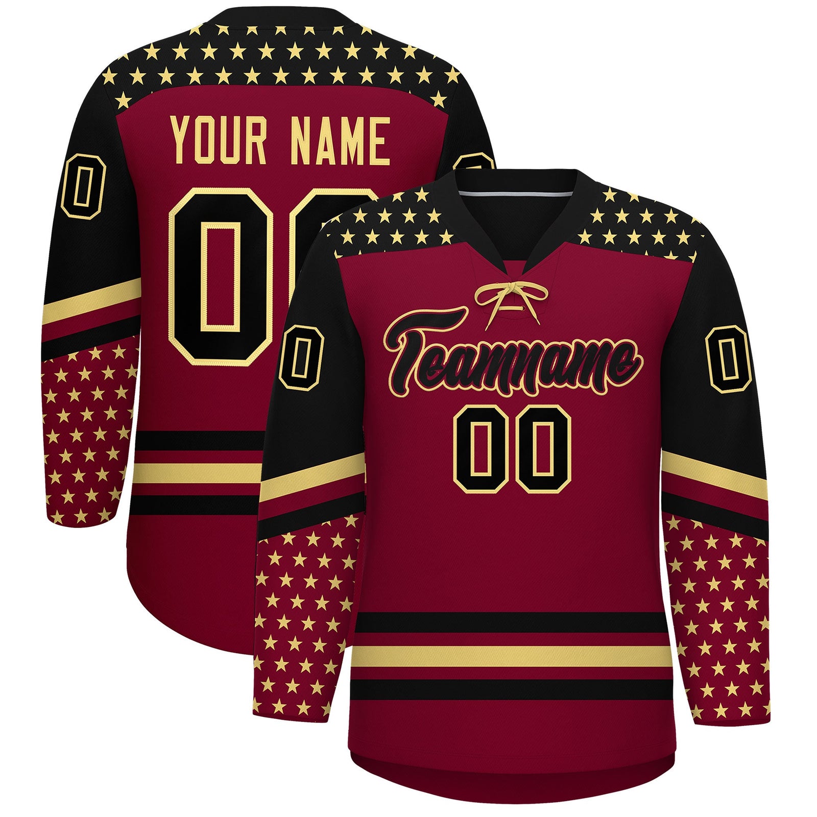 Custom Crimson Black Khaki Star Series Personalization Lace-Up Neck Hockey Jersey| KXKSHOP