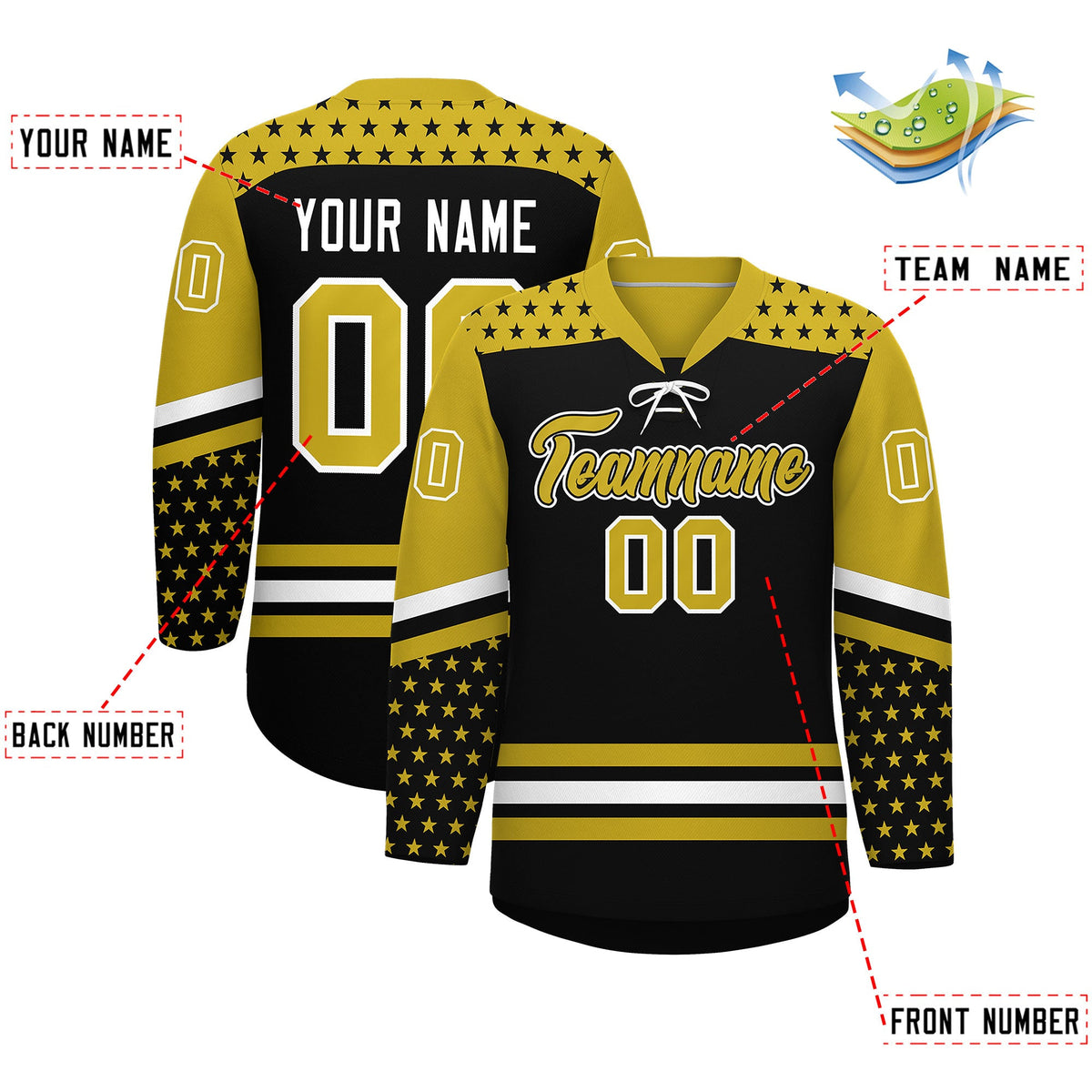 Custom Black Old Gold White Star Series Personalization Lace-Up Neck Hockey Jersey| KXKSHOP
