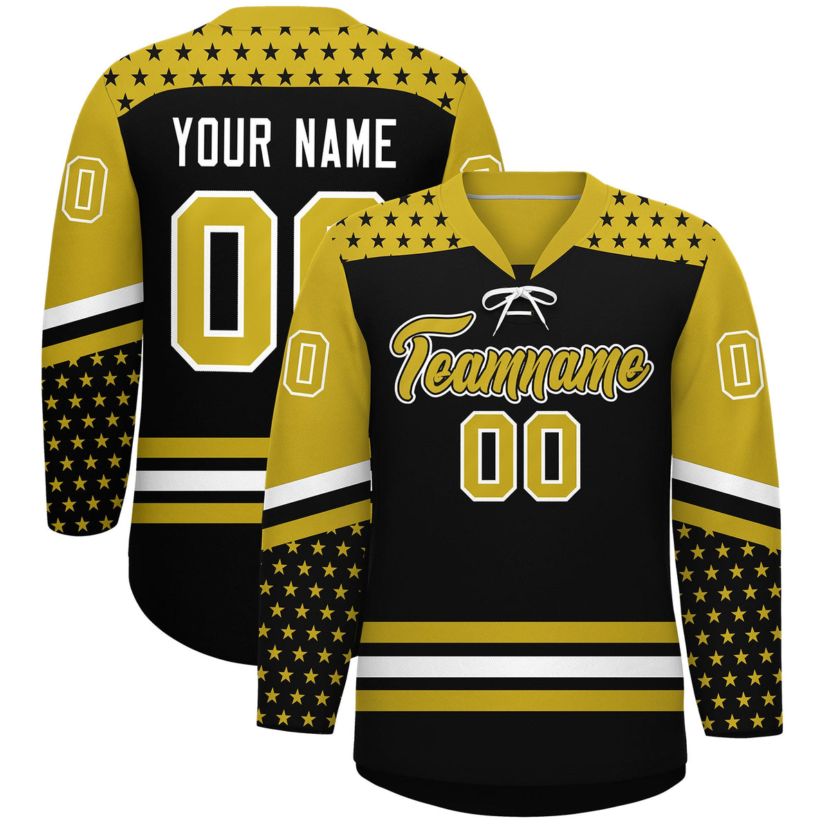 Custom Black Old Gold White Star Series Personalization Lace-Up Neck Hockey Jersey| KXKSHOP