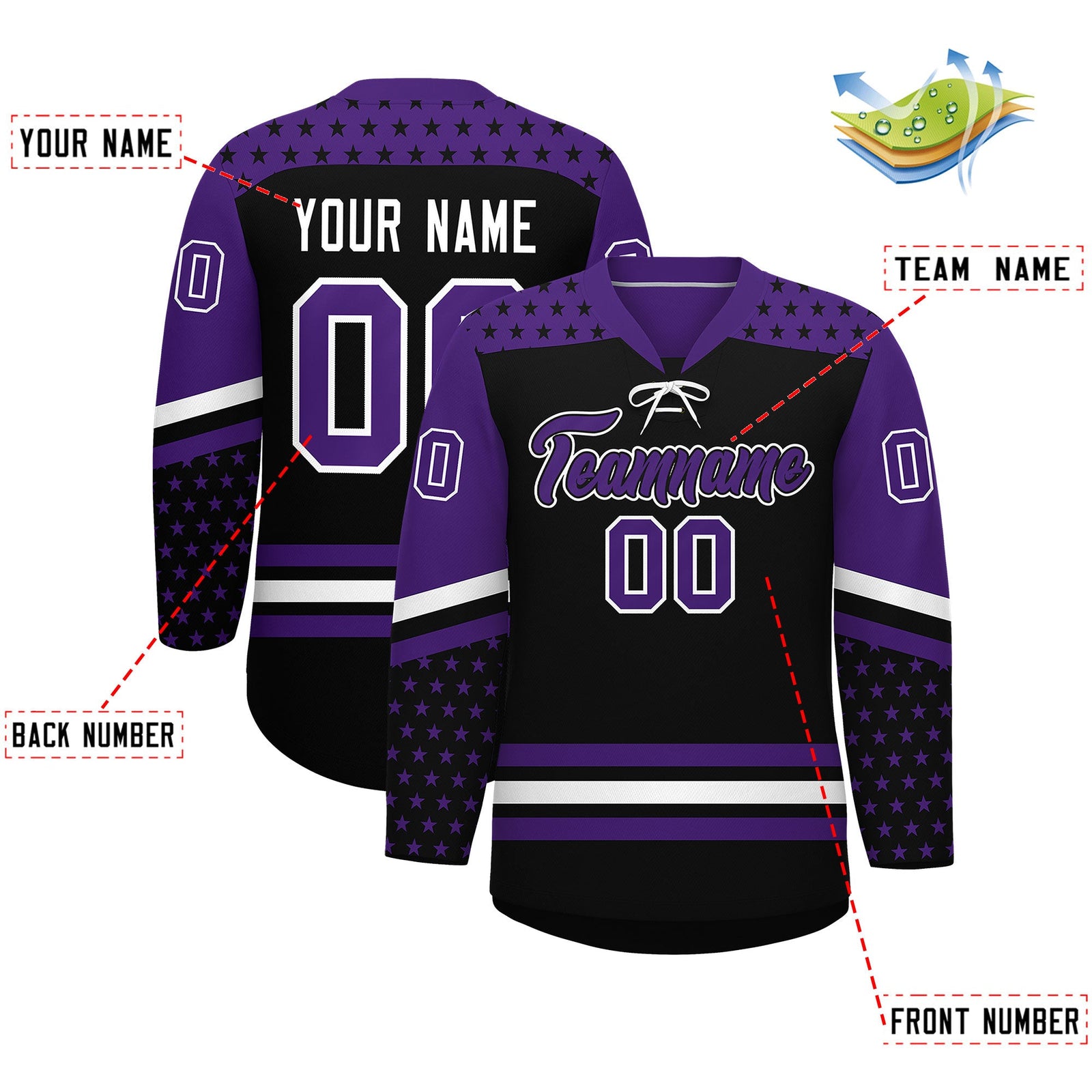 Custom Black Purple White Star Series Personalization Lace-Up Neck Hockey Jersey| KXKSHOP
