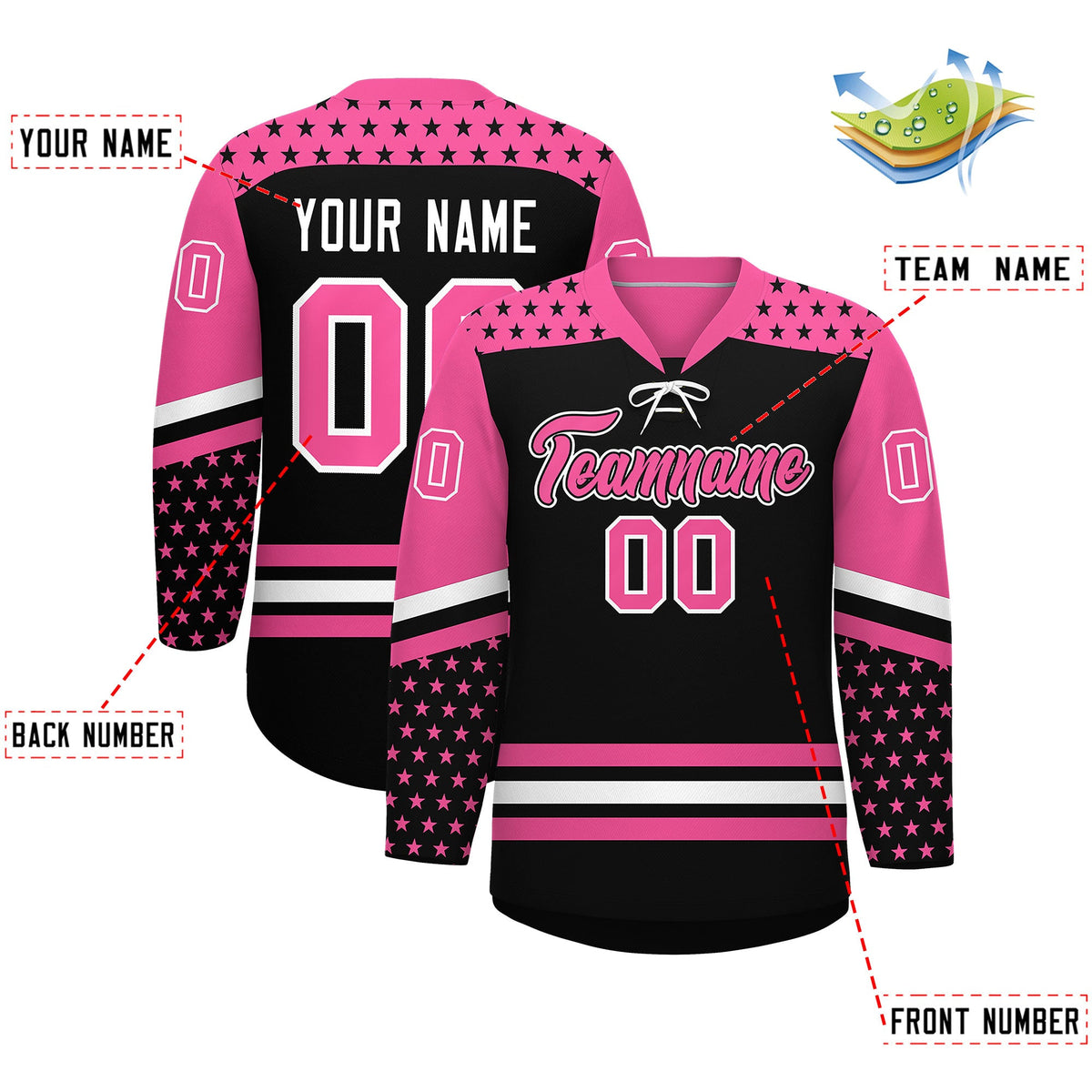 Custom Black Pink White Star Series Personalization Lace-Up Neck Hockey Jersey| KXKSHOP