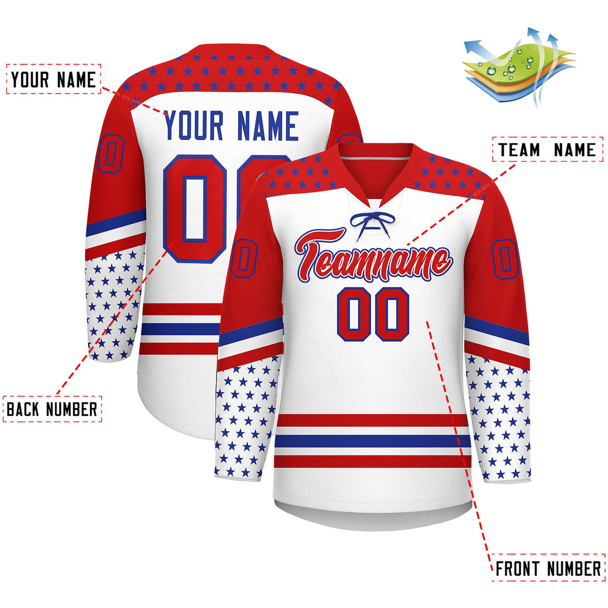 Custom White Red Royal Blue Star Series Personalization Lace-Up Neck Hockey Jersey| KXKSHOP