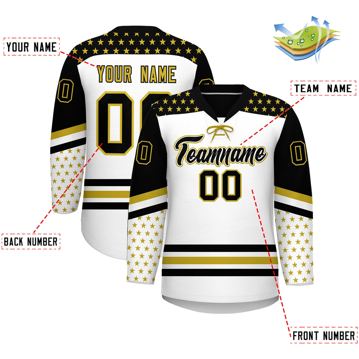 Custom White Black Old Gold Star Series Personalization Lace-Up Neck Hockey Jersey| KXKSHOP