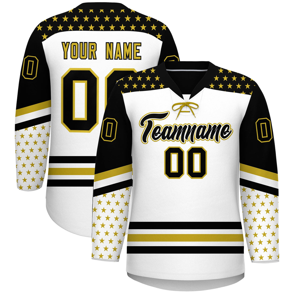 Custom White Black Old Gold Star Series Personalization Lace-Up Neck Hockey Jersey| KXKSHOP