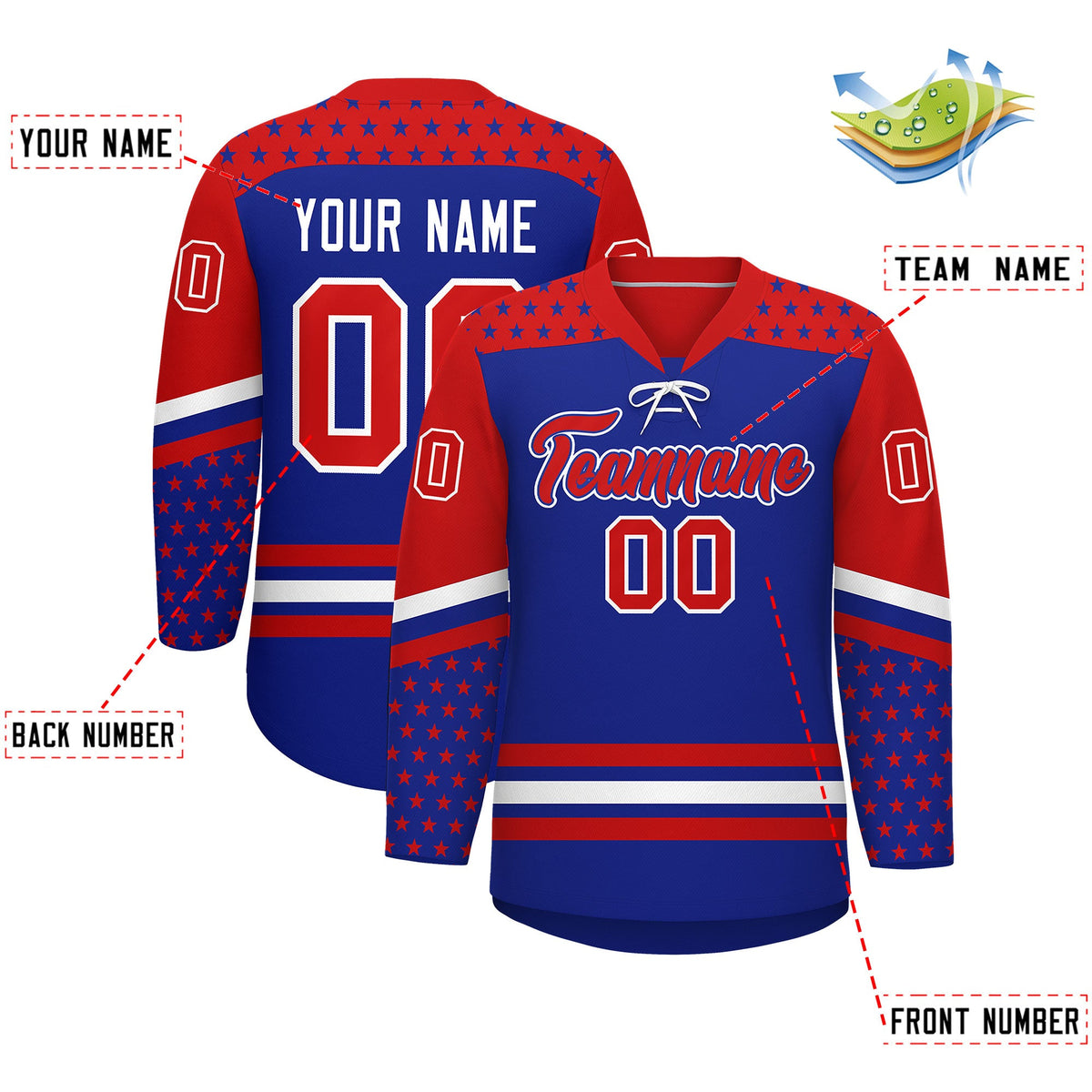 Custom Royal Blue Red White Star Series Personalization Lace-Up Neck Hockey Jersey| KXKSHOP