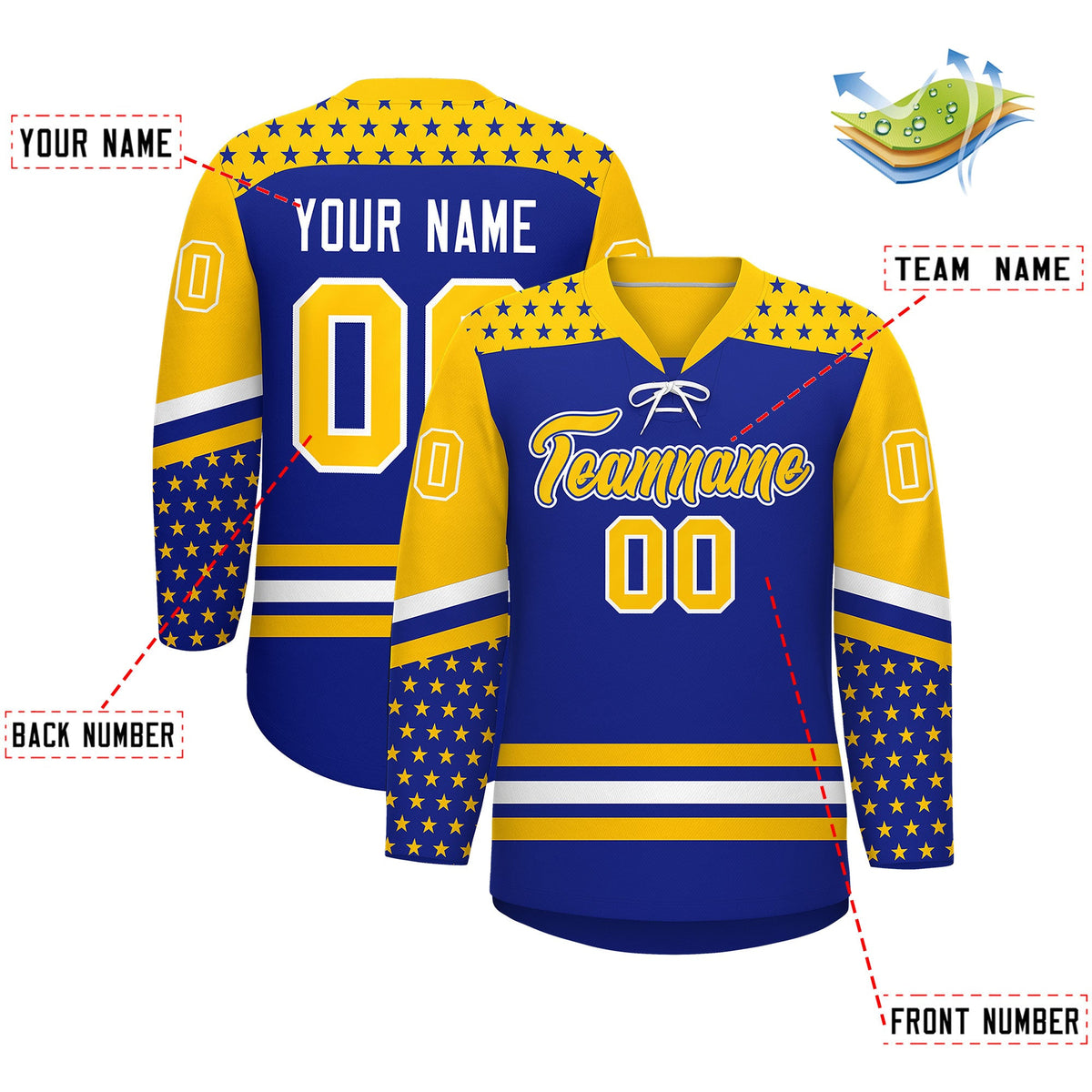 Custom Royal Blue Gold White Star Series Personalization Lace-Up Neck Hockey Jersey| KXKSHOP