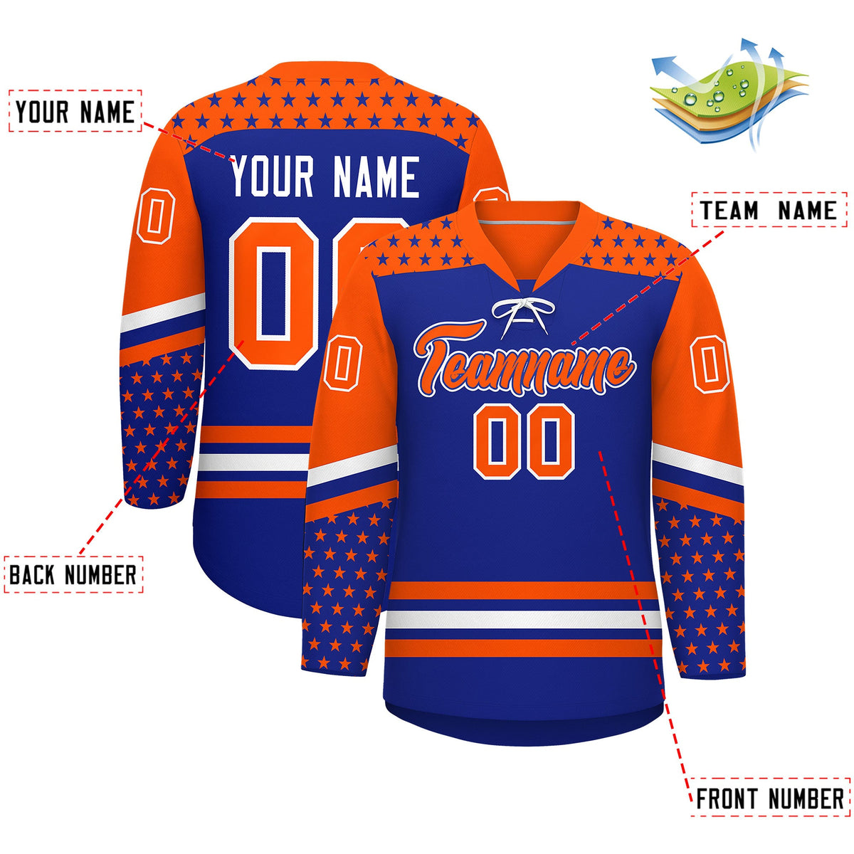 Custom Royal Blue Orange White Star Series Personalization Lace-Up Neck Hockey Jersey| KXKSHOP