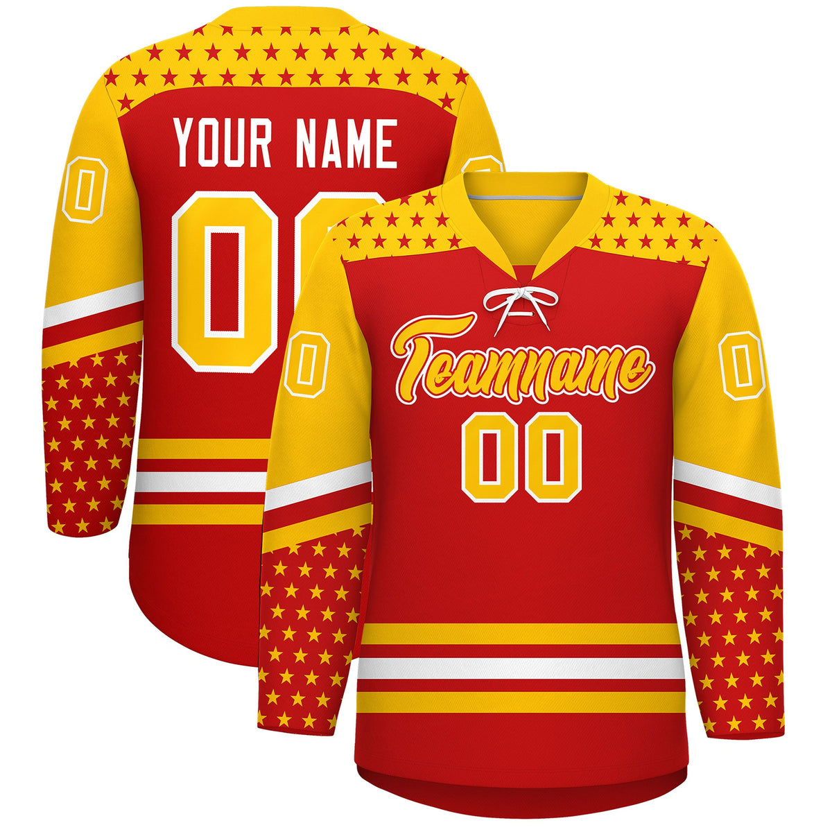Custom Red Gold White Star Series Personalization Lace-Up Neck Hockey Jersey| KXKSHOP