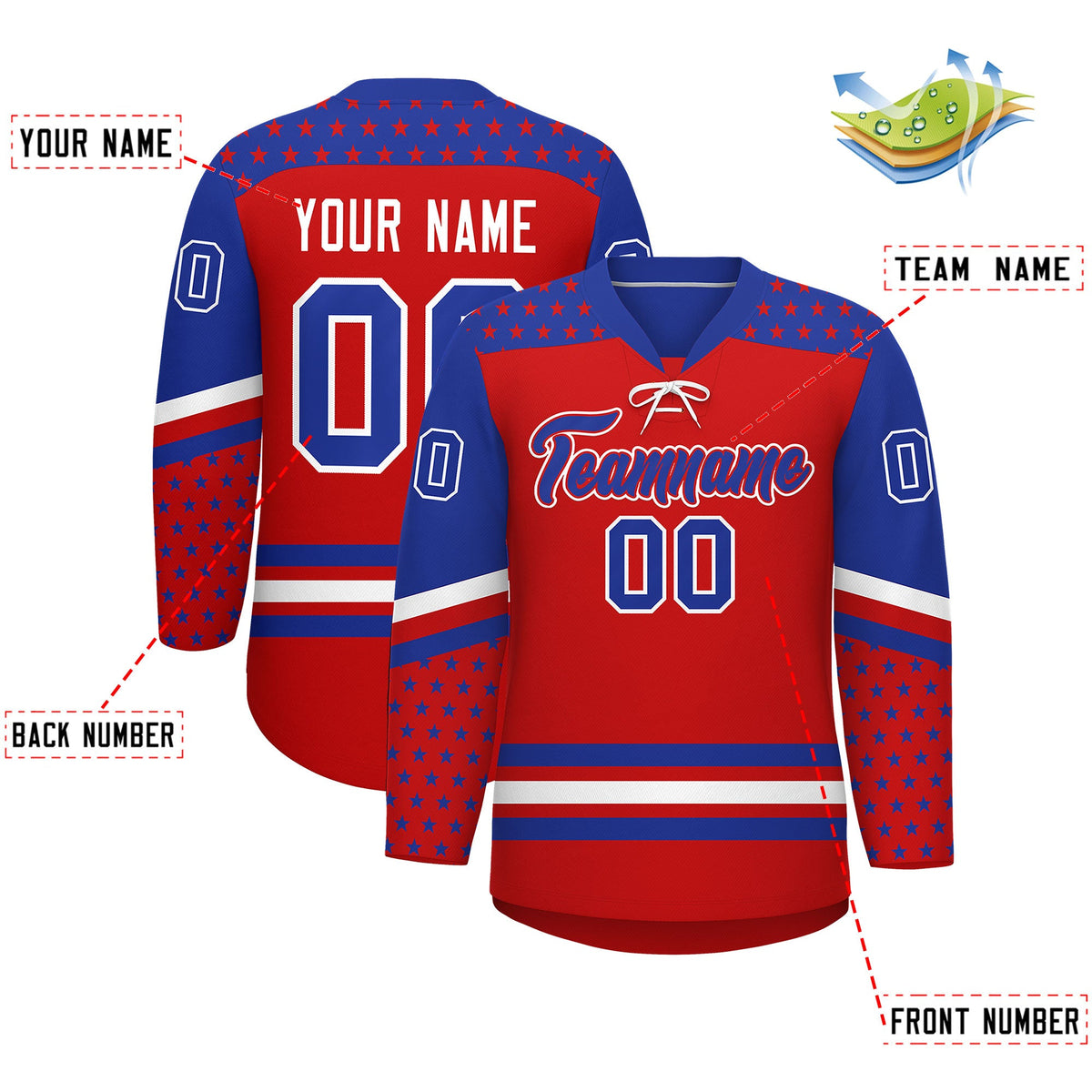 Custom Red Royal Blue White Star Series Personalization Lace-Up Neck Hockey Jersey| KXKSHOP