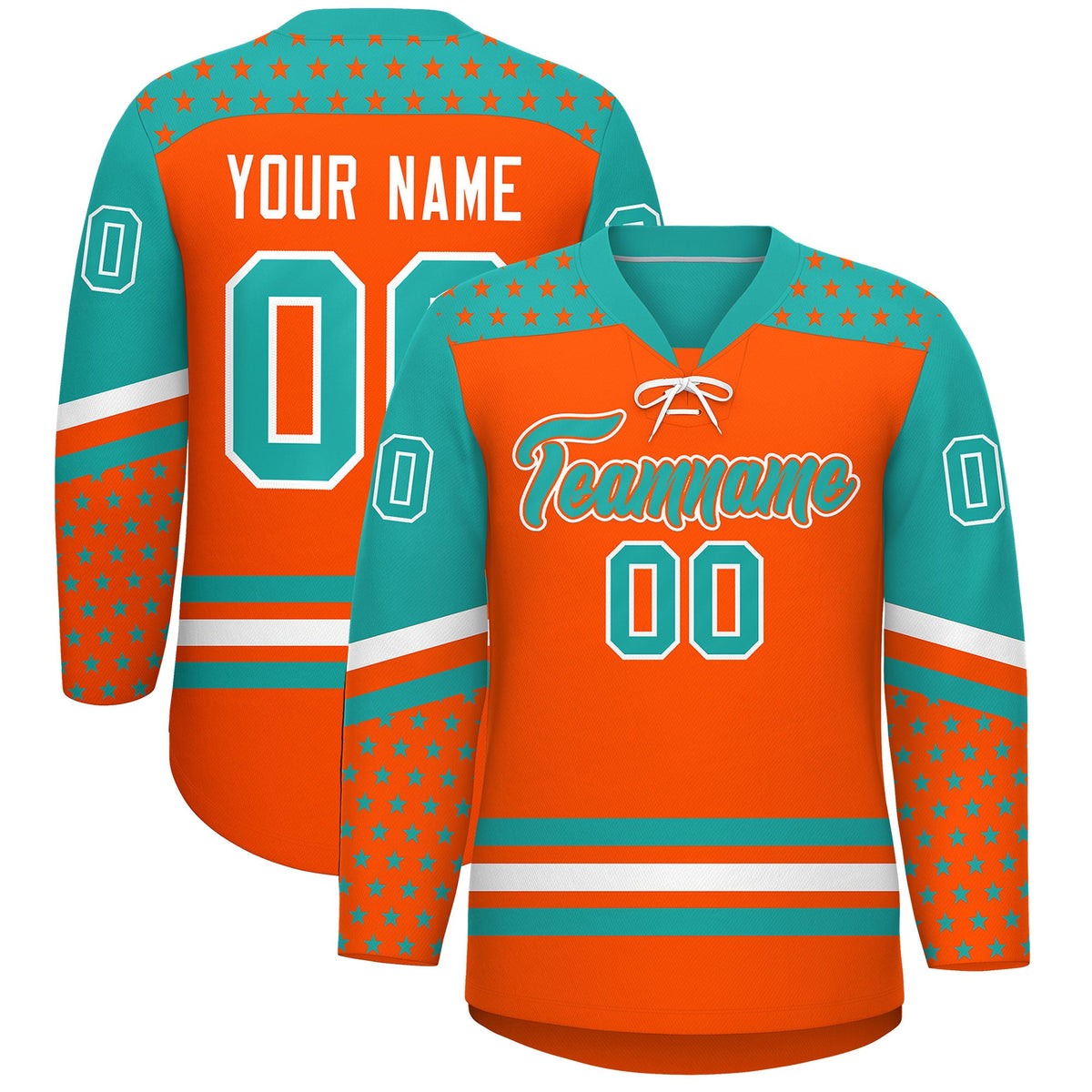 Custom Orange Aqua White Star Series Personalization Lace-Up Neck Hockey Jersey| KXKSHOP