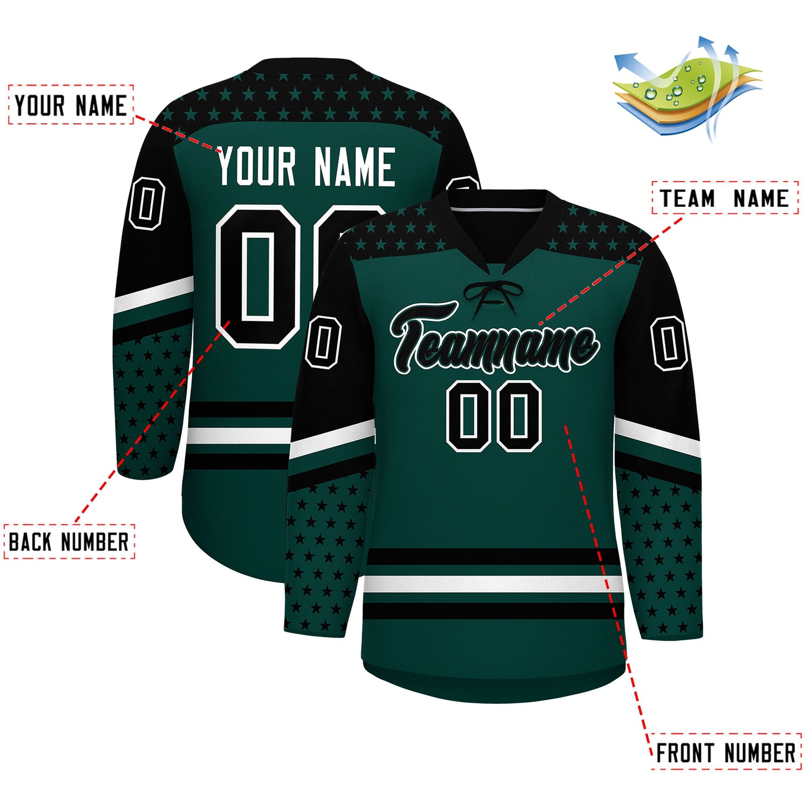 Custom Midnight Green Black White Star Series Personalization Lace-Up Neck Hockey Jersey| KXKSHOP