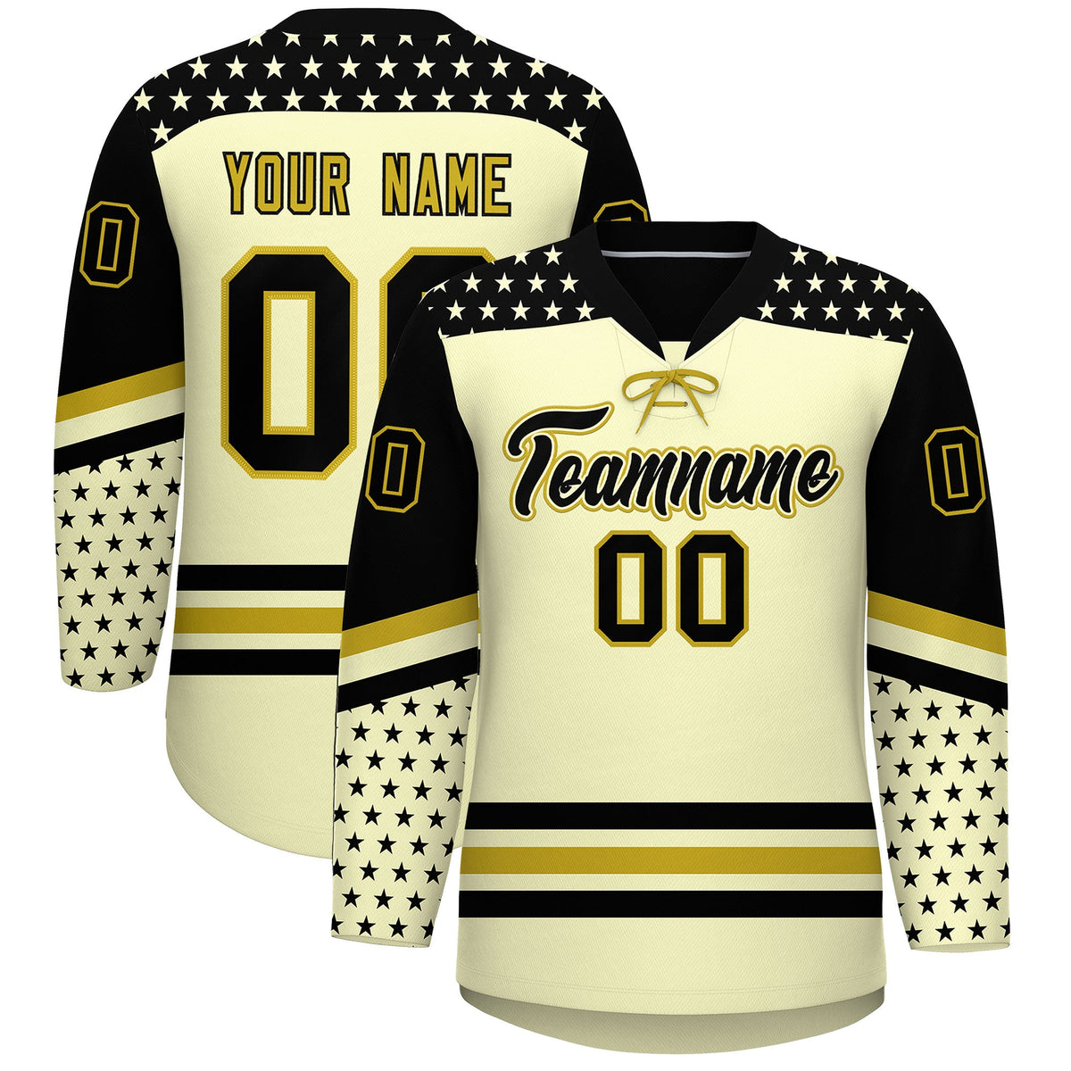 Custom Cream Black Old Gold Star Series Personalization Lace-Up Neck Hockey Jersey| KXKSHOP