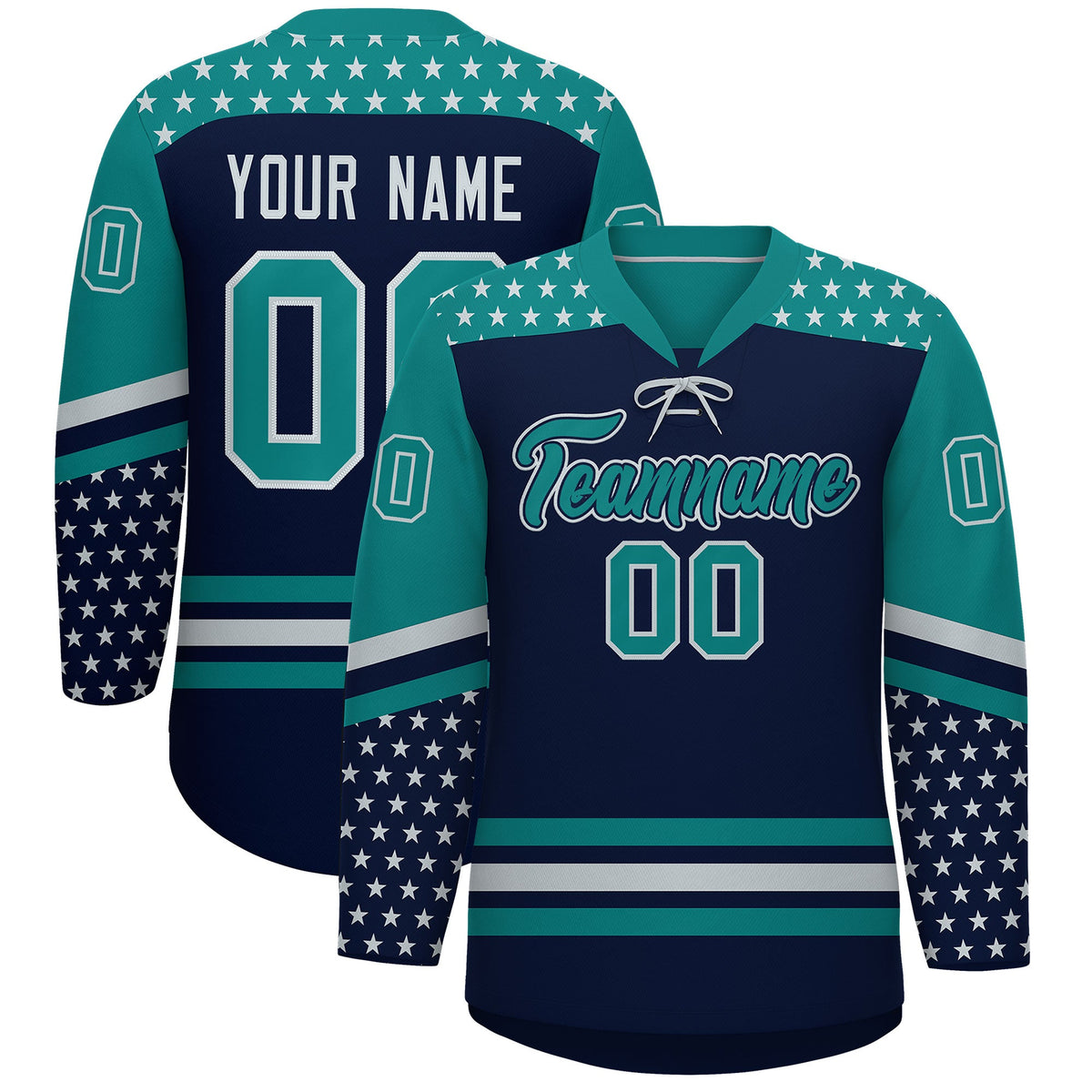 Custom Navy Teal Silver Star Series Personalization Lace-Up Neck Hockey Jersey| KXKSHOP