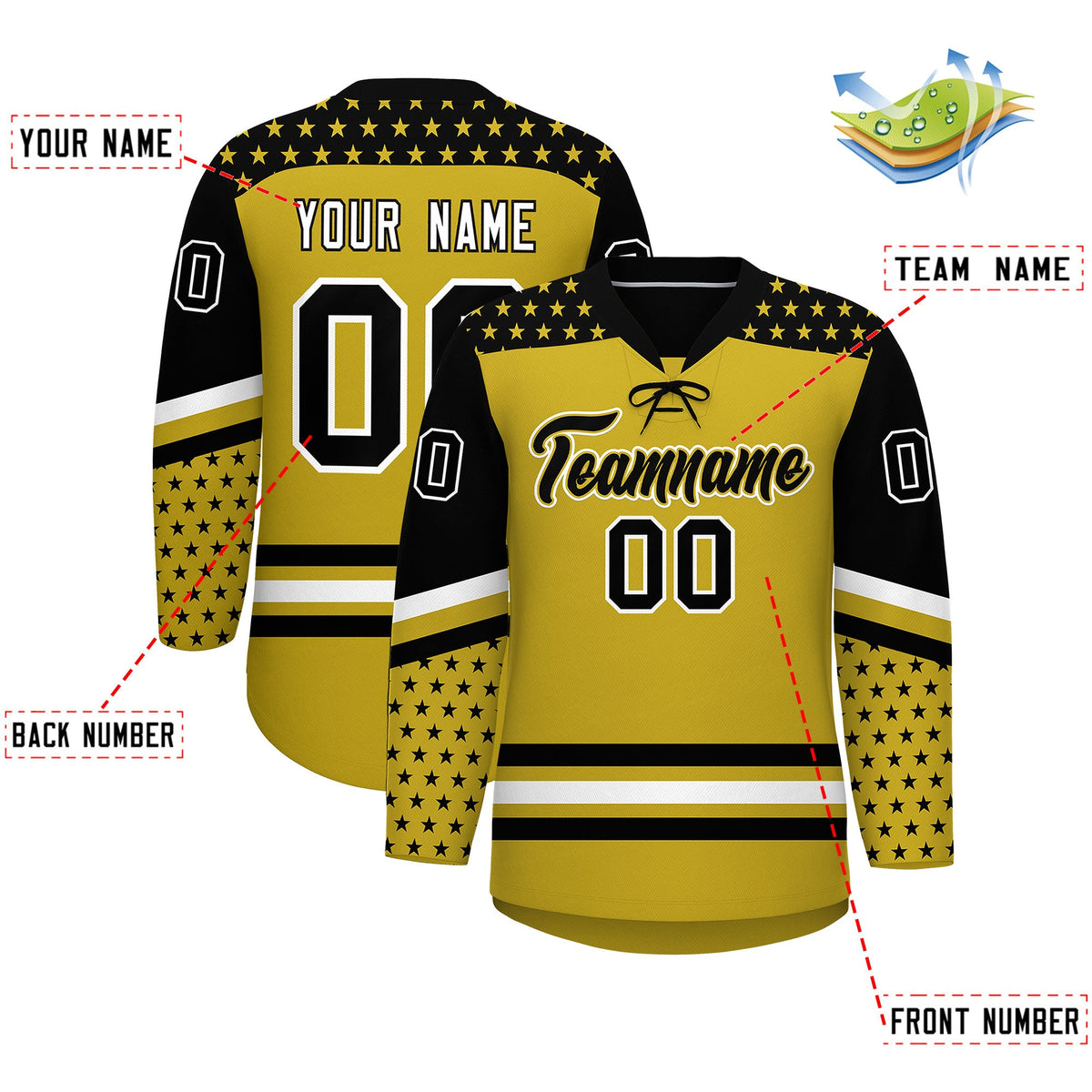 Custom Old Gold Black White Star Series Personalization Lace-Up Neck Hockey Jersey| KXKSHOP