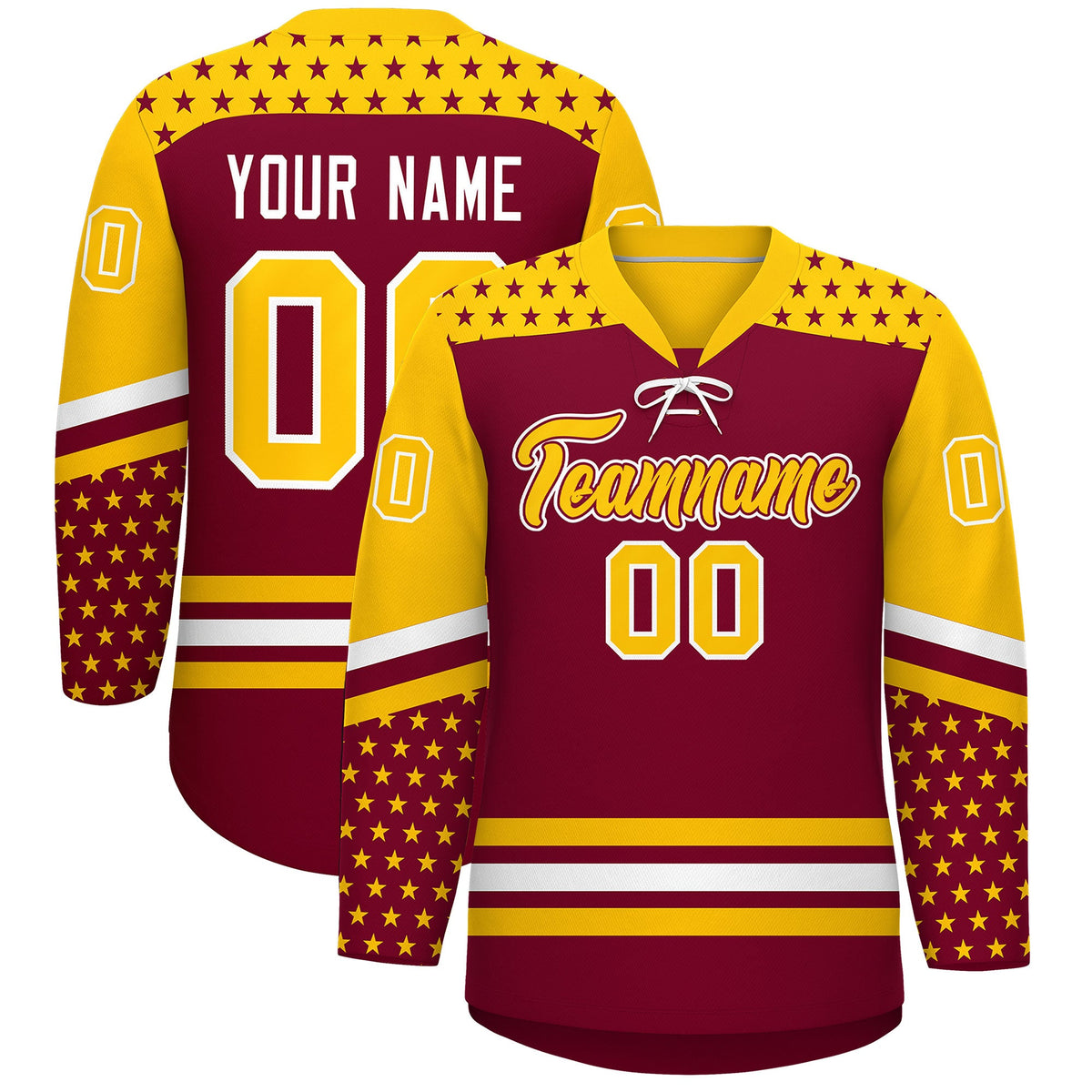 Custom Crimson Gold White Star Series Personalization Lace-Up Neck Hockey Jersey| KXKSHOP
