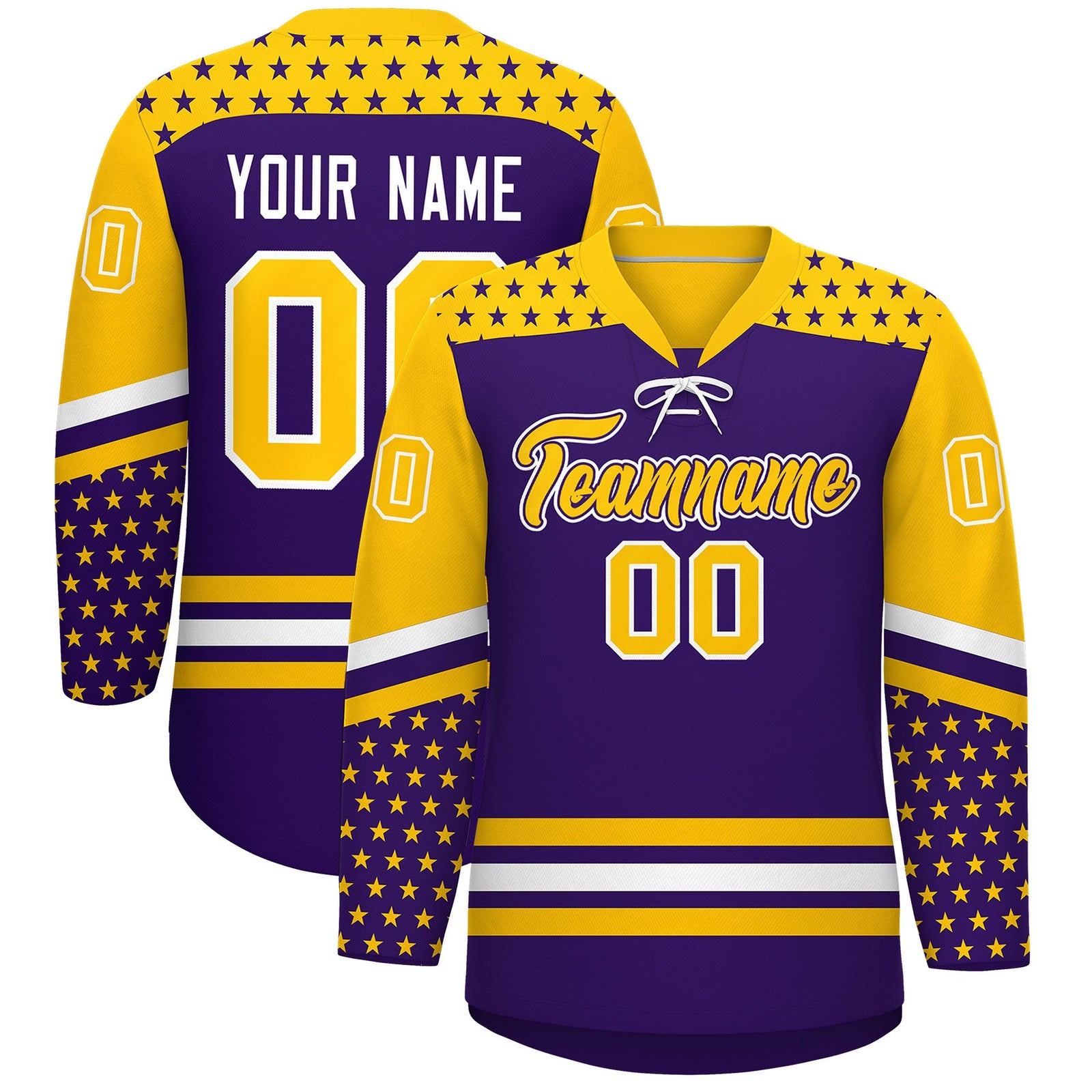 Custom Purple Gold White Star Series Personalization Lace-Up Neck Hockey Jersey| KXKSHOP
