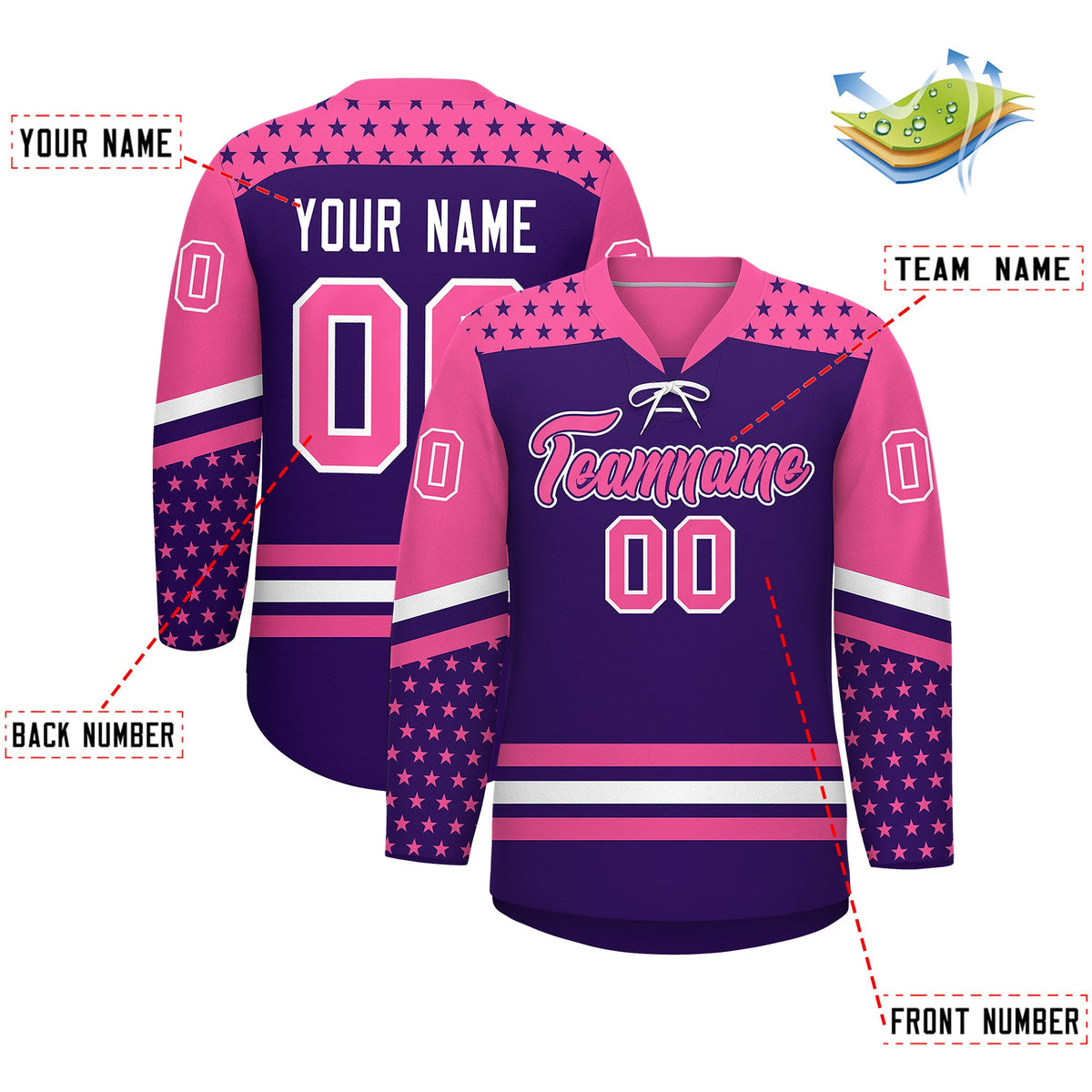 Custom Purple Pink White Star Series Personalization Lace-Up Neck Hockey Jersey| KXKSHOP