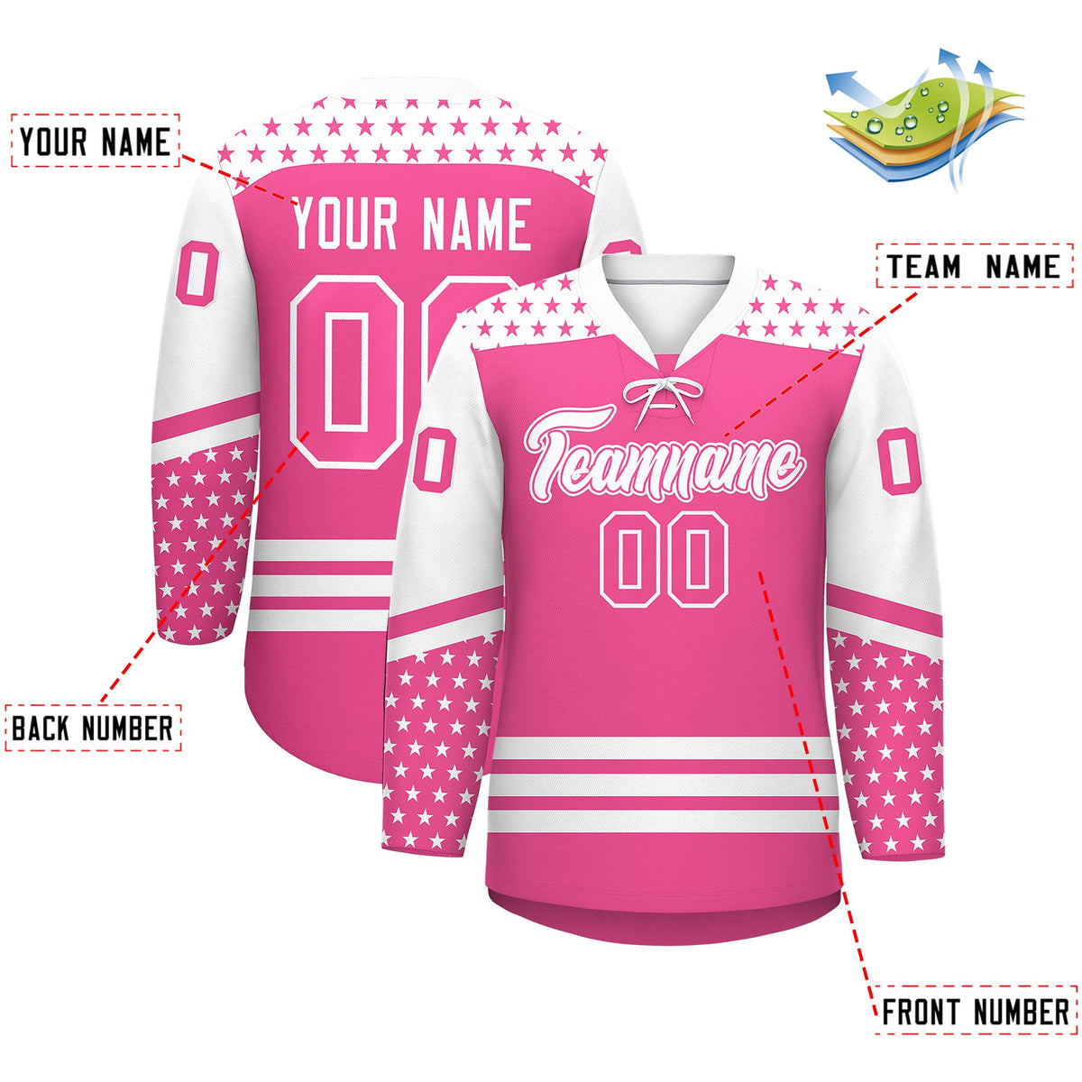 Custom Pink White Star Series Personalization Lace-Up Neck Hockey Jersey| KXKSHOP