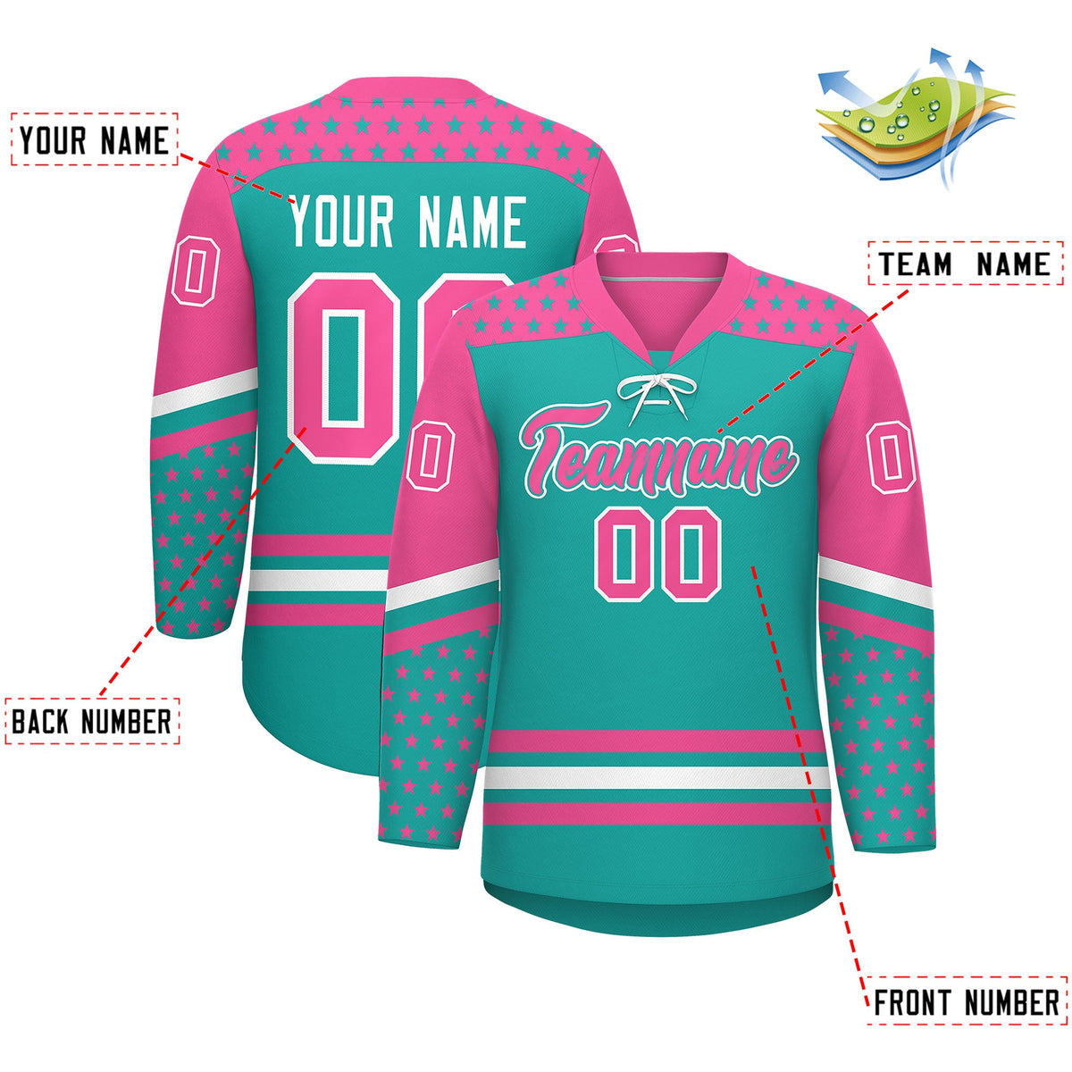 Custom Aqua Pink White Star Series Personalization Lace-Up Neck Hockey Jersey| KXKSHOP