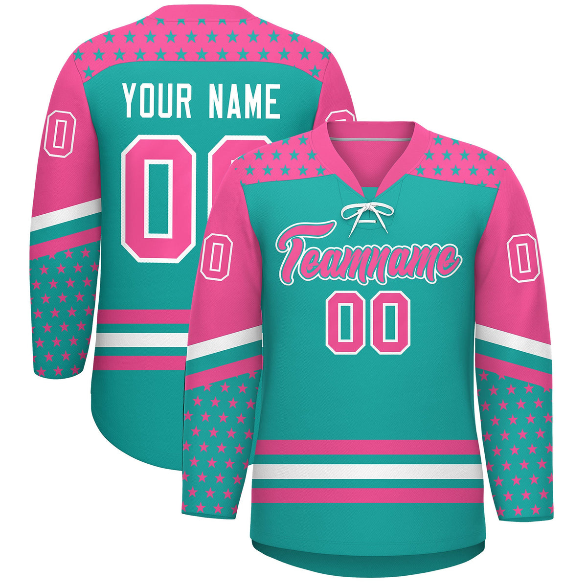 Custom Aqua Pink White Star Series Personalization Lace-Up Neck Hockey Jersey| KXKSHOP