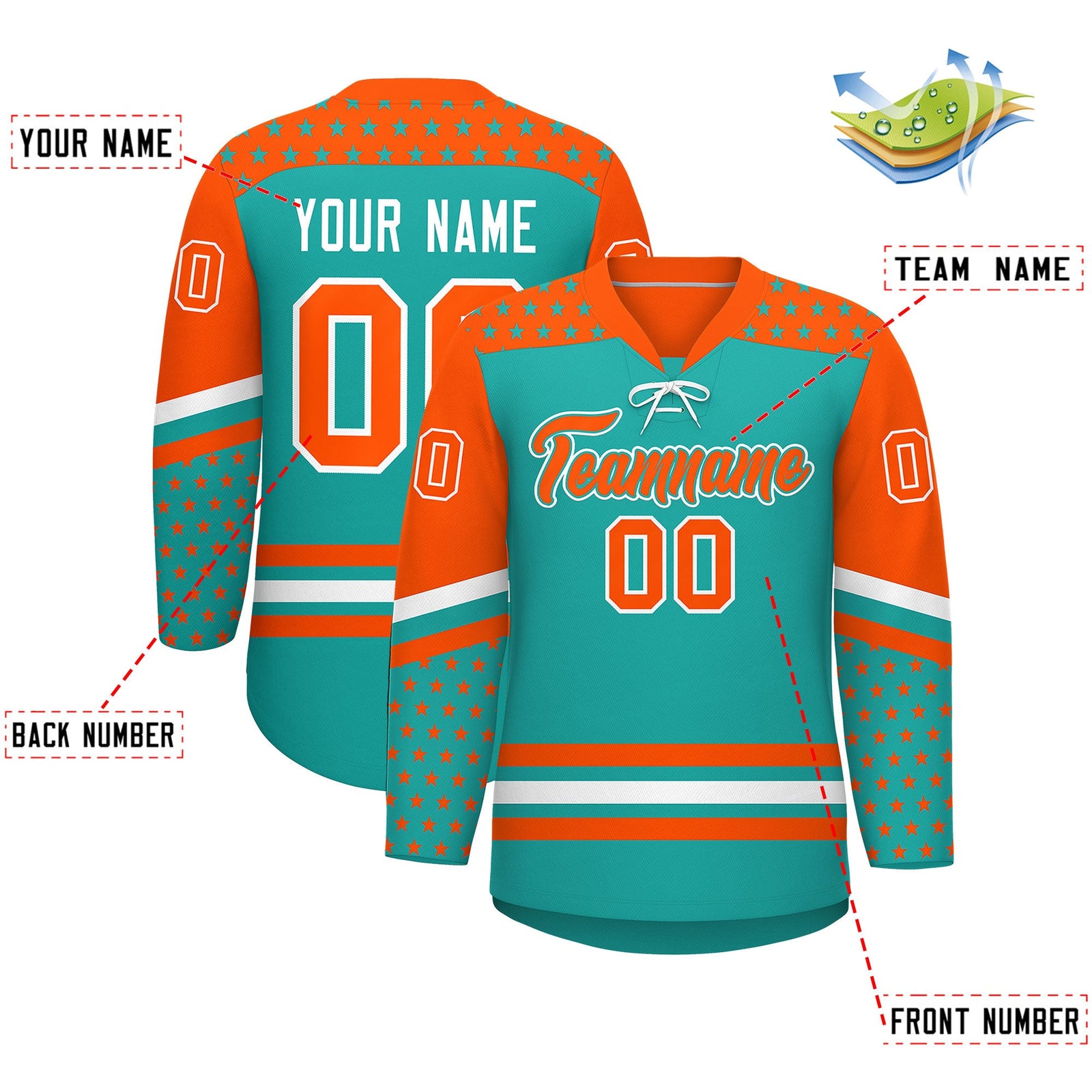 Custom Aqua Orange White Star Series Personalization Lace-Up Neck Hockey Jersey| KXKSHOP