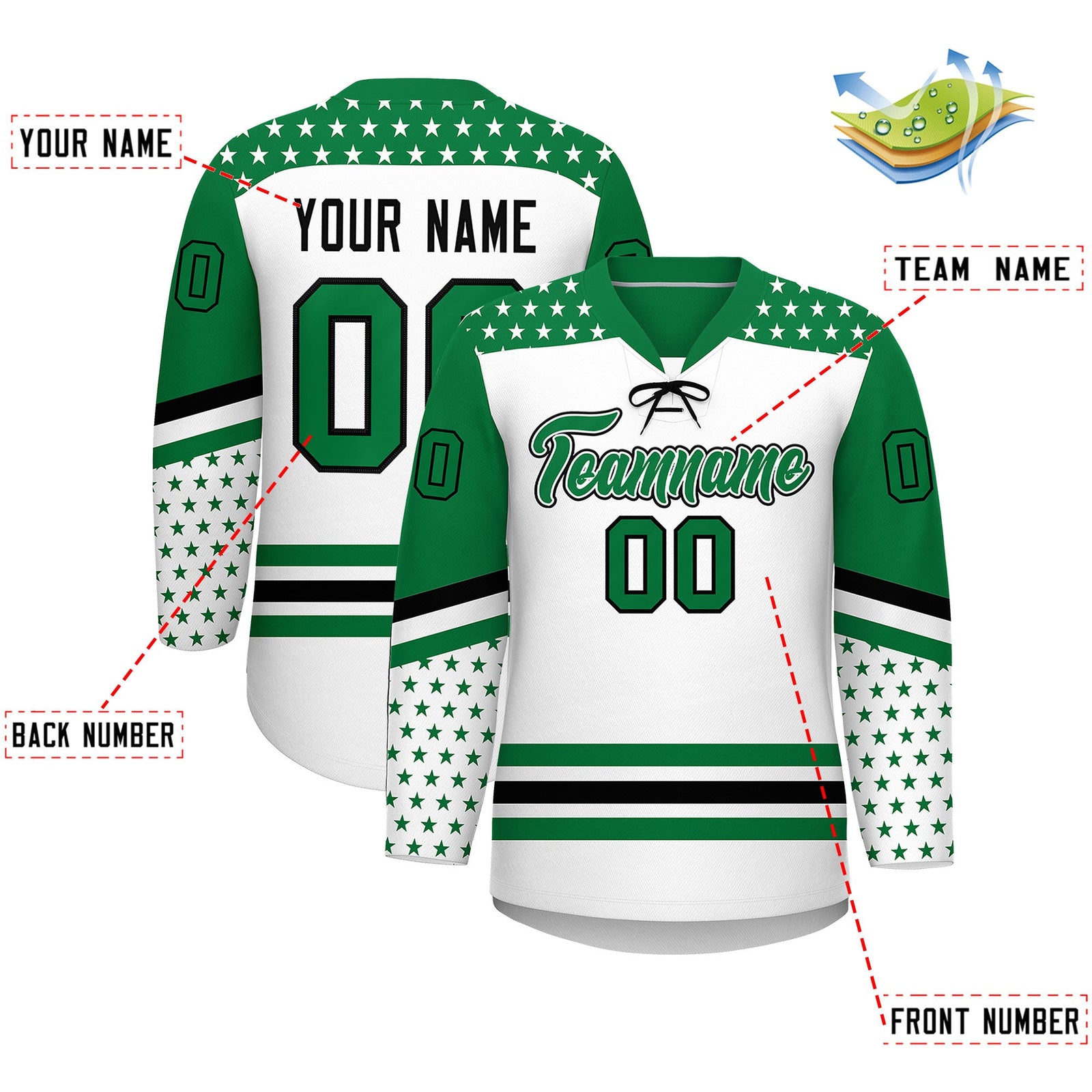 Custom White Kelly Green Black Star Series Personalization Lace-Up Neck Hockey Jersey| KXKSHOP