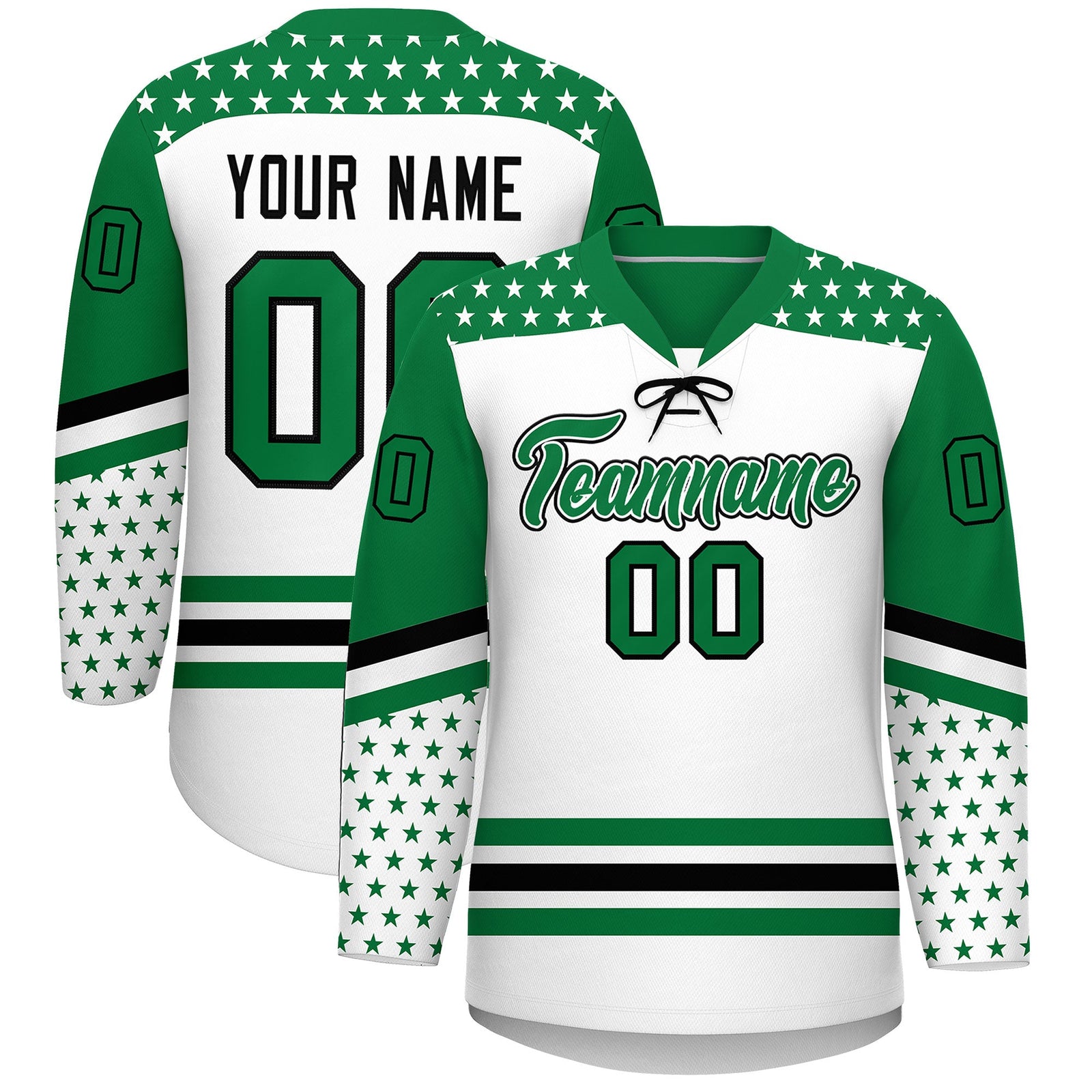 Custom White Kelly Green Black Star Series Personalization Lace-Up Neck Hockey Jersey| KXKSHOP