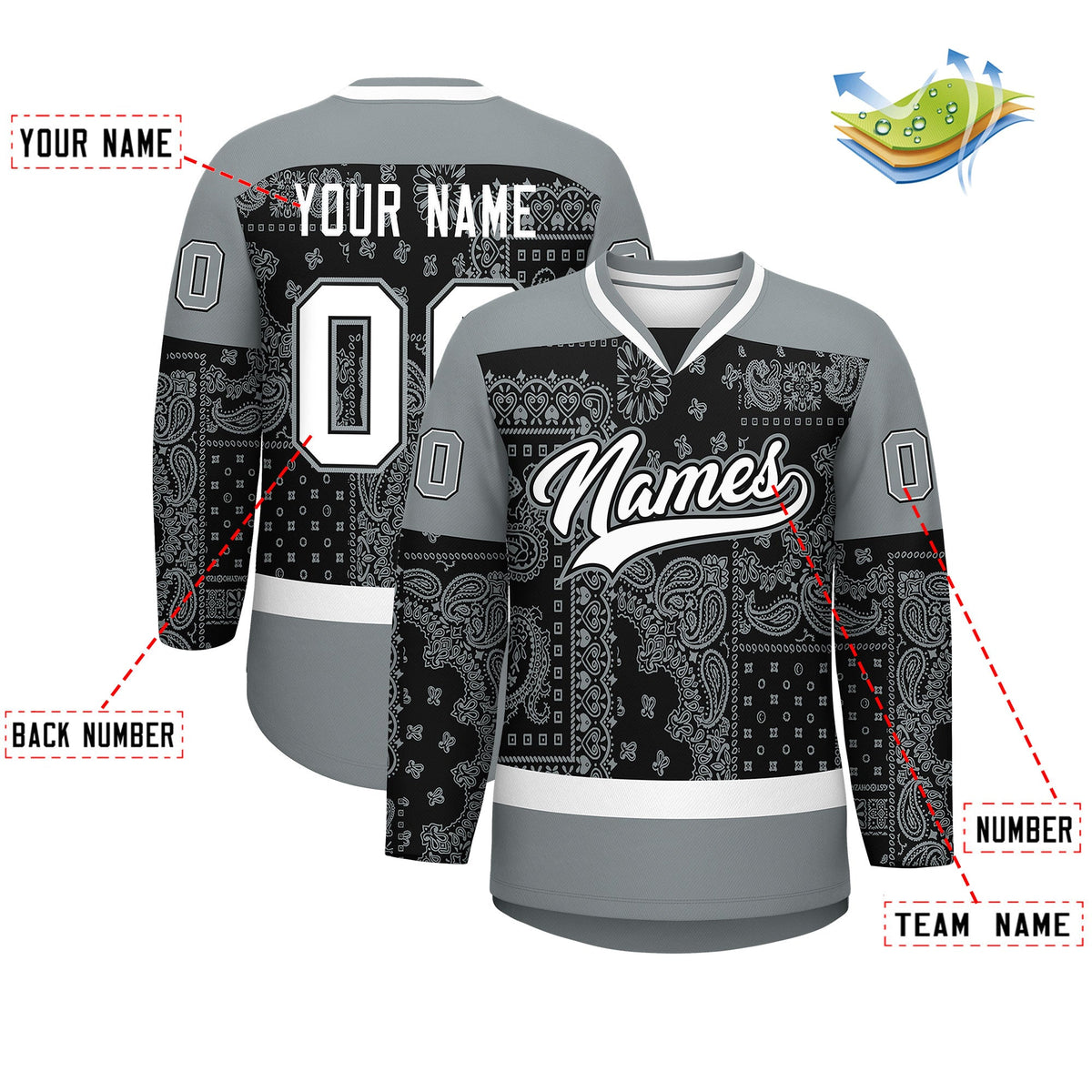 Custom Silver Gray White Black Cashew Flower Graffiti Pattern V-Neck Hockey Jersey| KXKSHOP