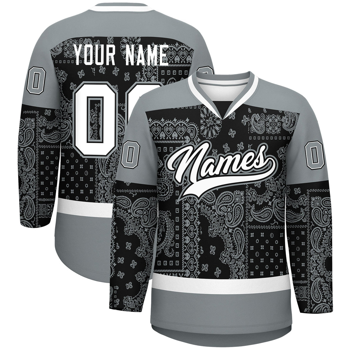 Custom Silver Gray White Black Cashew Flower Graffiti Pattern V-Neck Hockey Jersey| KXKSHOP